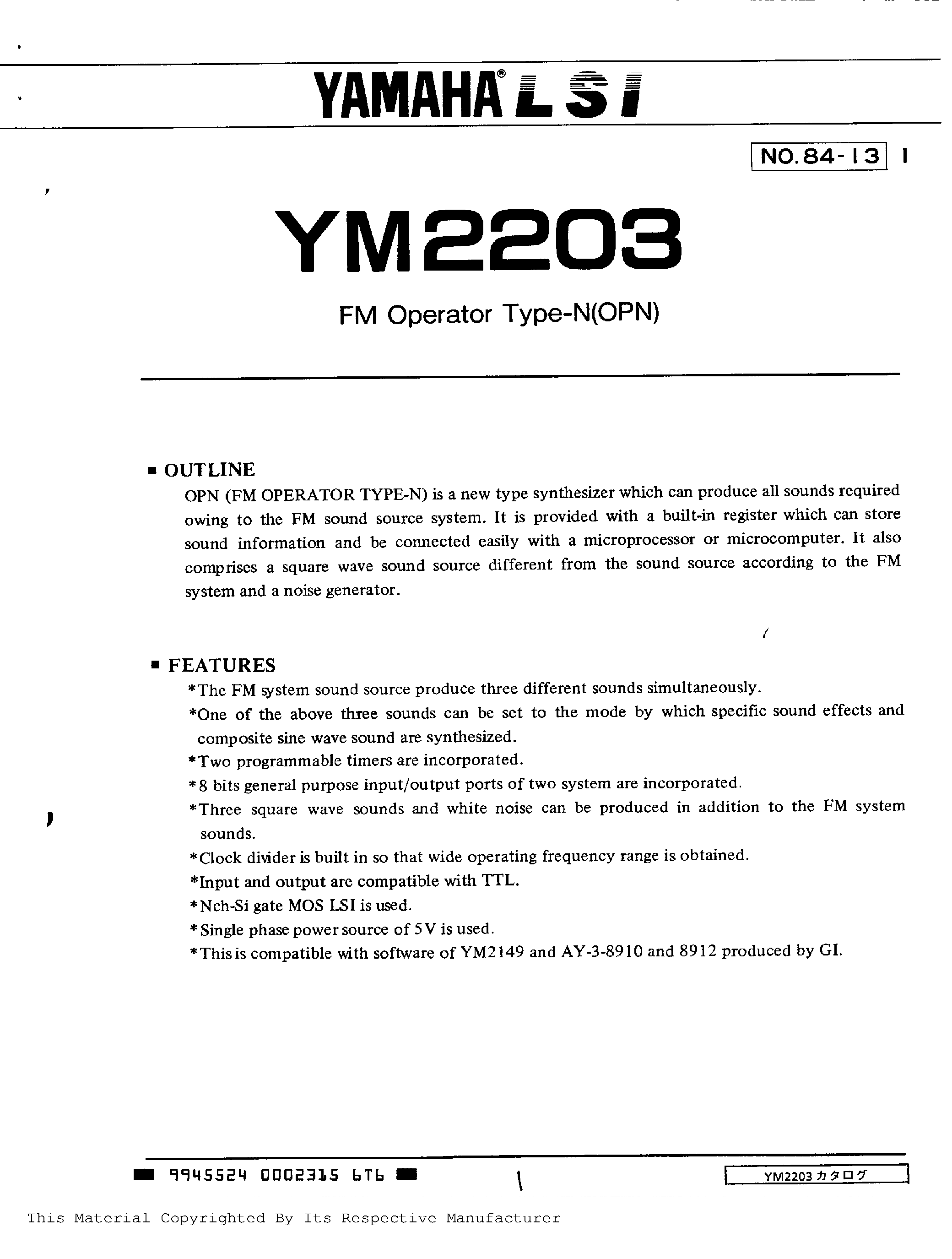 Datasheet YM2203 page 1 Datasheet YM2203 - FM Operator Type-N(OPN) page 1