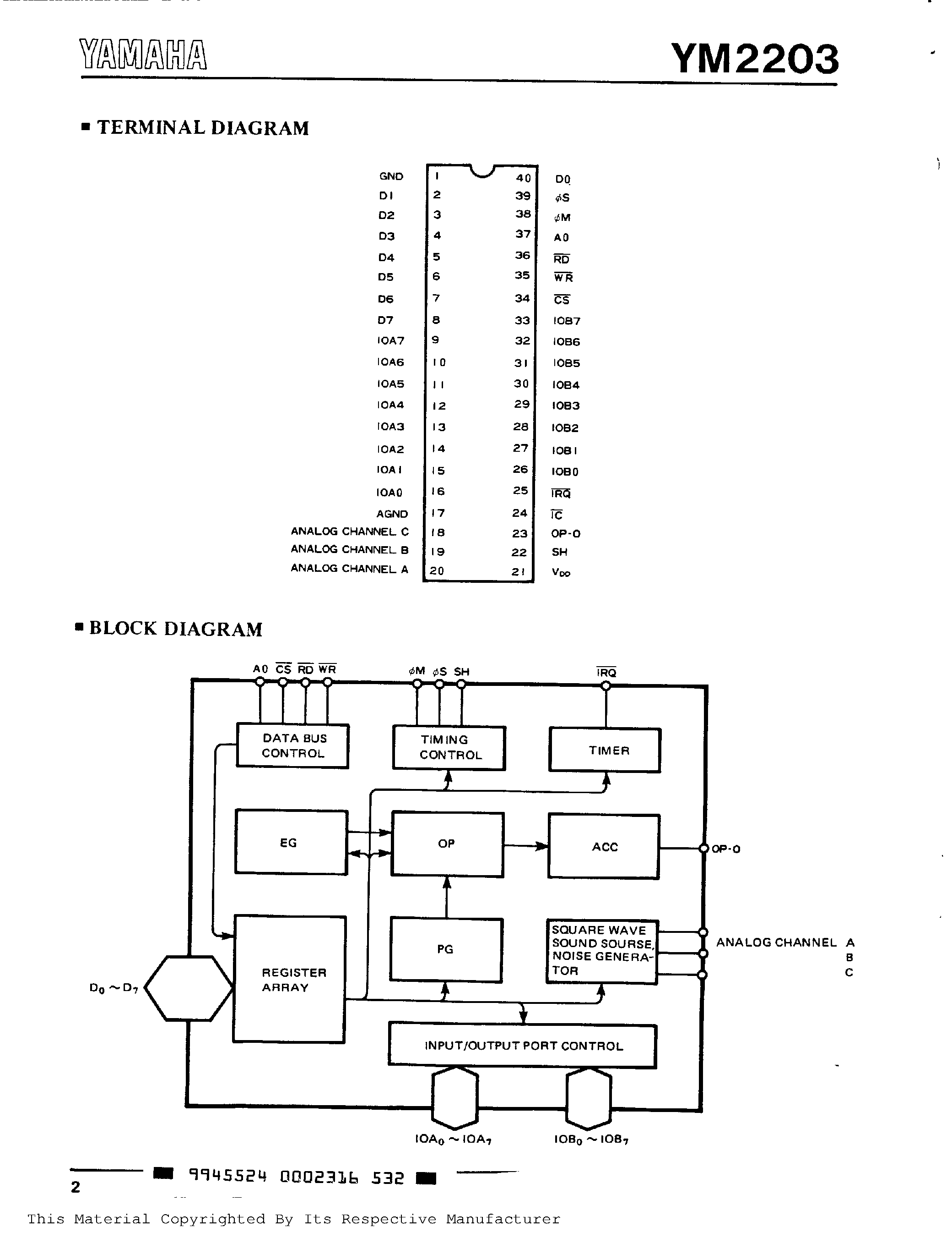 Datasheet YM2203 page 2 Datasheet YM2203 - FM Operator Type-N(OPN) page 2