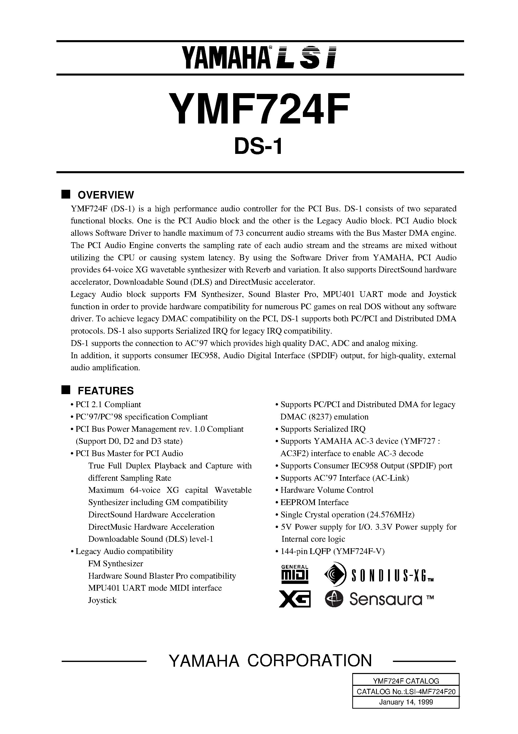 Даташит YMF724F-V - high performance audio controller for the PCI Bus страница 1