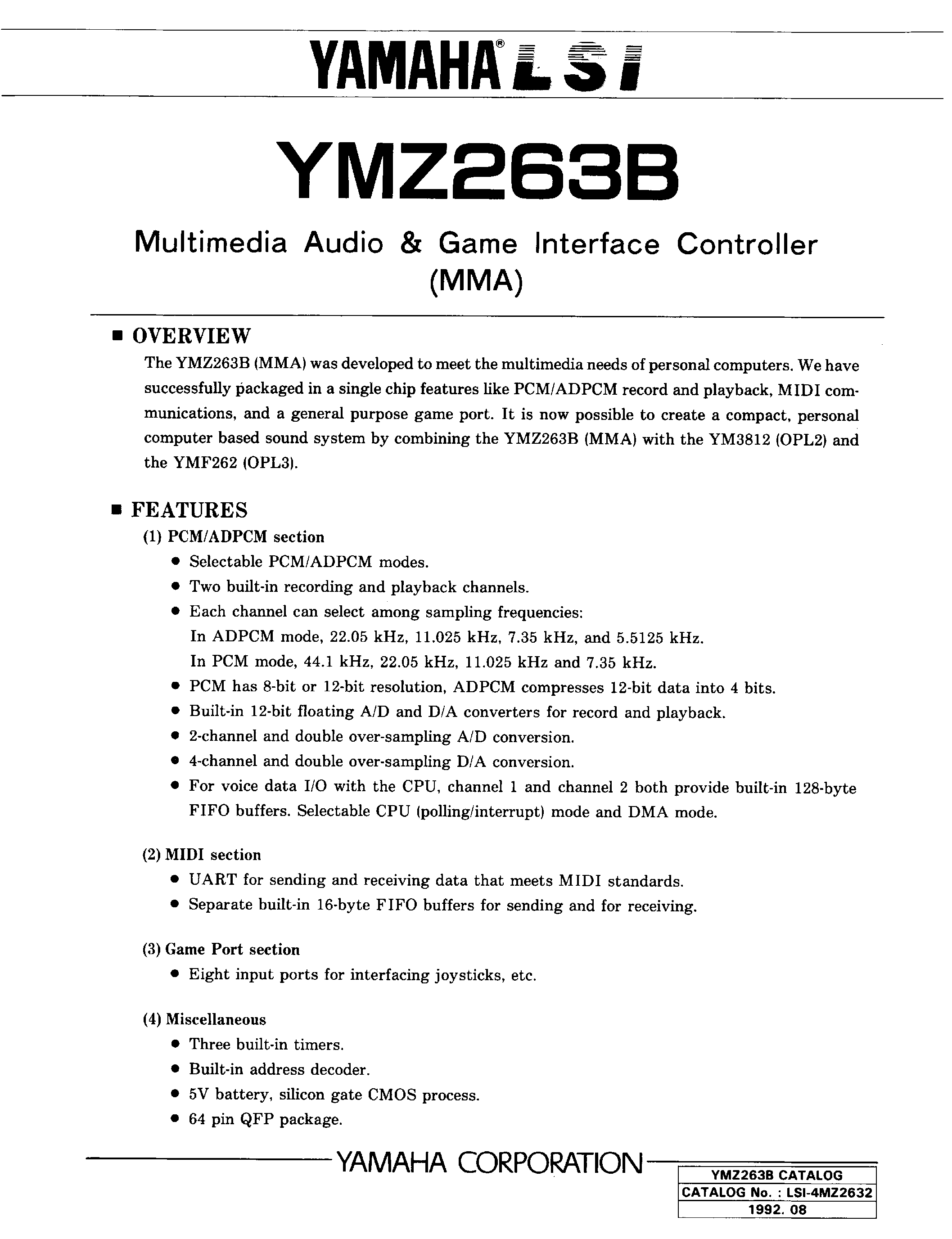 Даташит YMZ263B-F - MULTIMEDIA AUDIO GAME INTERFACE CONTROLLER страница 1