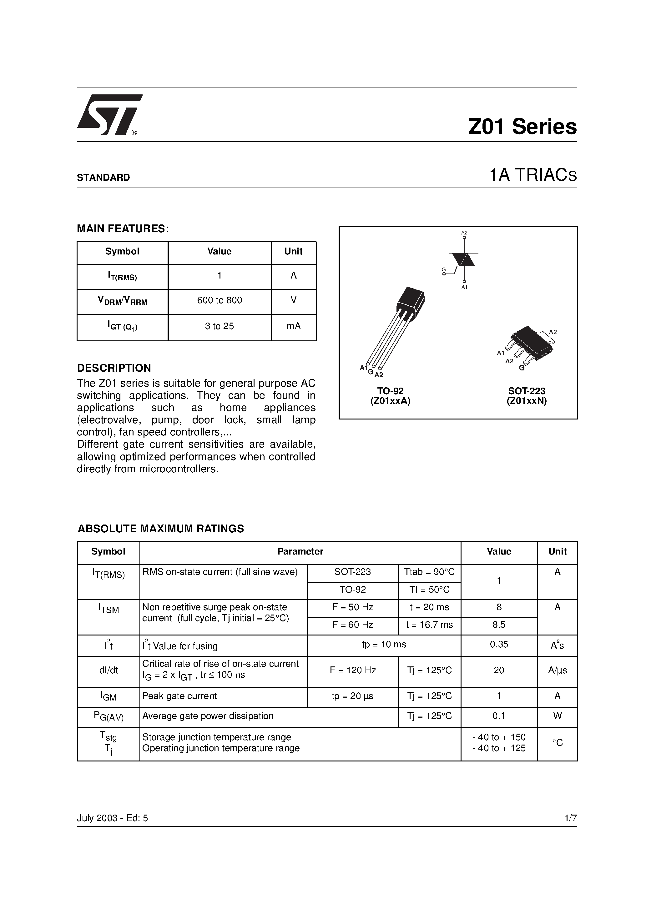 Даташит Z0103NA - 1A TRIACS страница 1