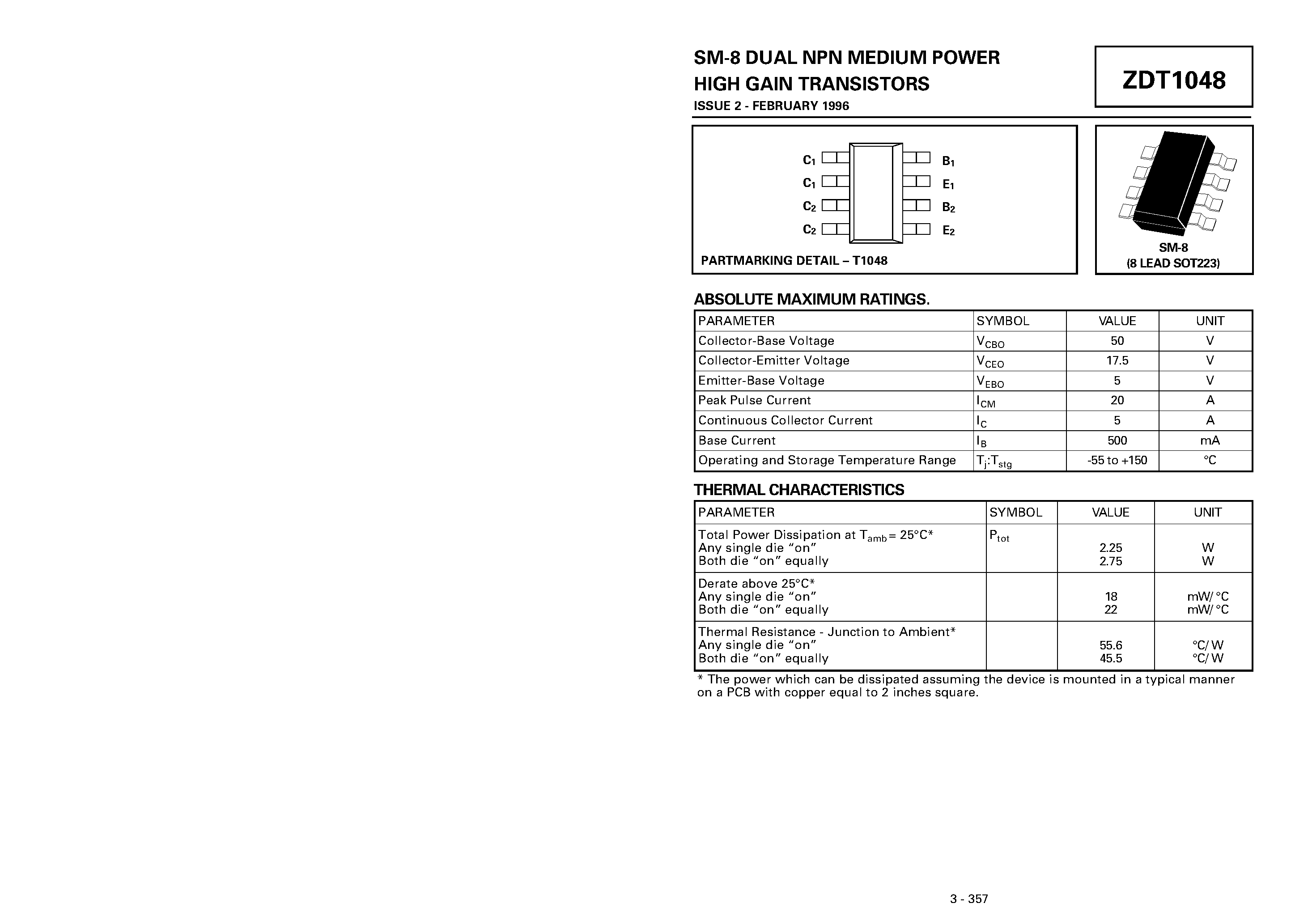 Даташит ZDT1048 - DUAL NPN MEDIUM POWER HIGH GAIN TRANSISTORS страница 1