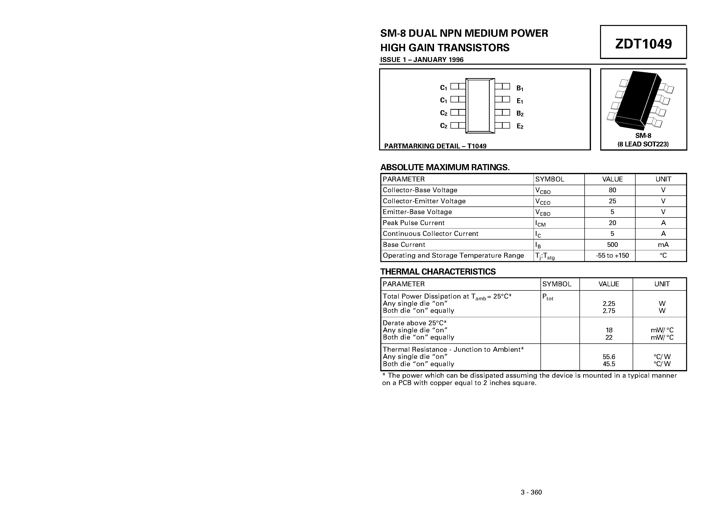 Даташит ZDT1049 - DUAL NPN MEDIUM POWER HIGH GAIN TRANSISTORS страница 1