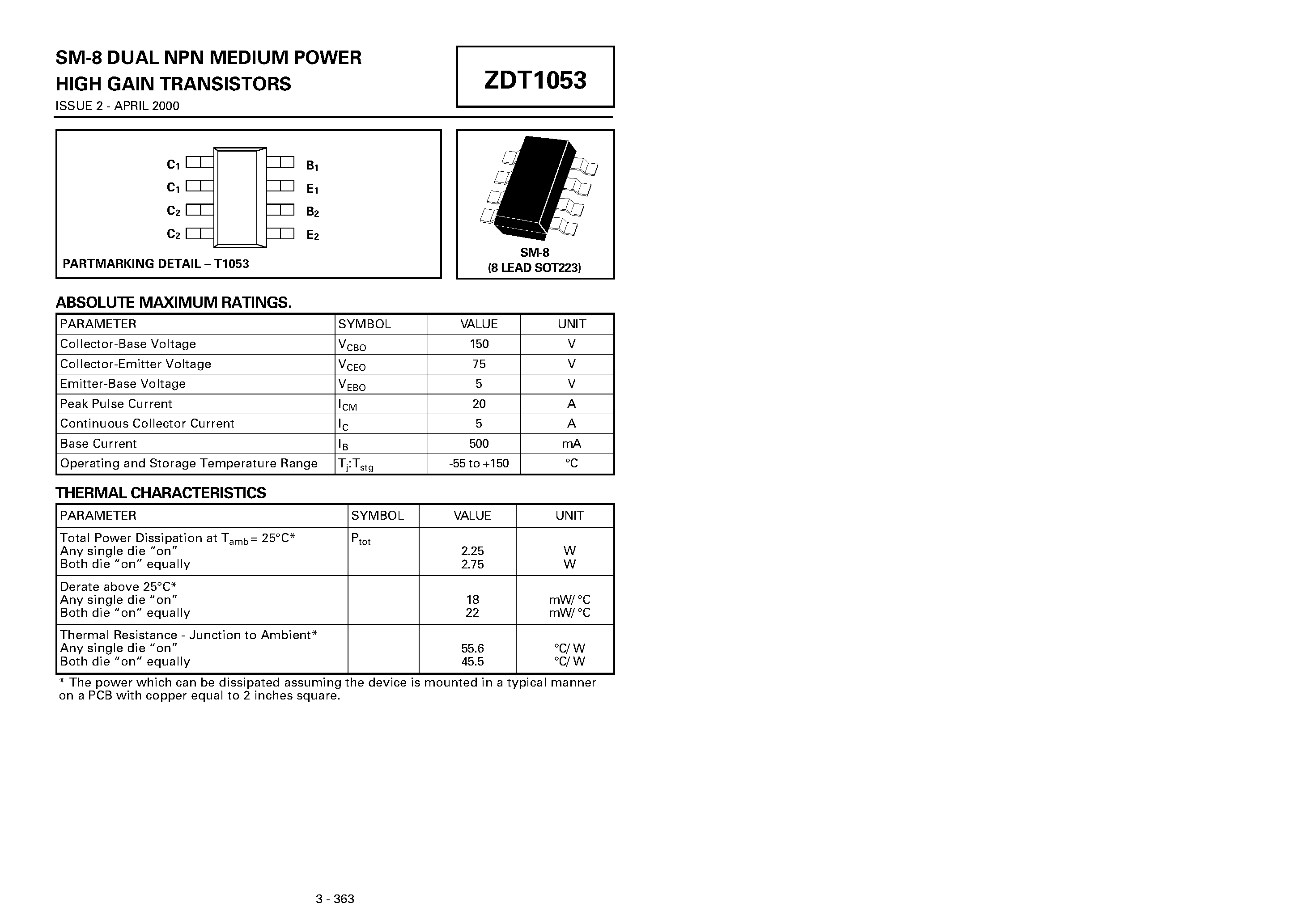 Даташит ZDT1053 - DUAL NPN MEDIUM POWER HIGH GAIN TRANSISTORS страница 1