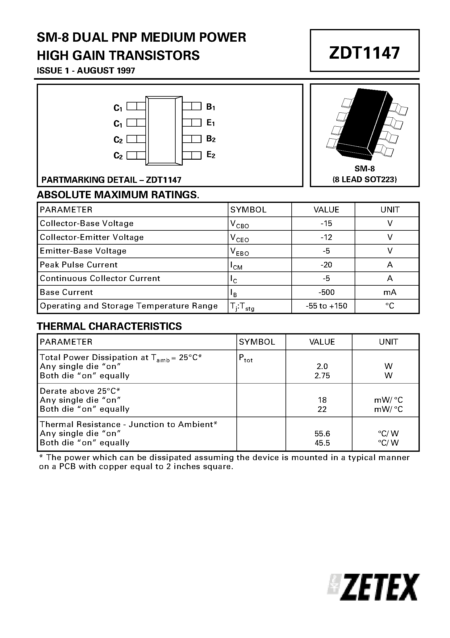 Даташит ZDT1147 - DUAL PNP MEDIUM POWER HIGH GAIN TRANSISTORS страница 1