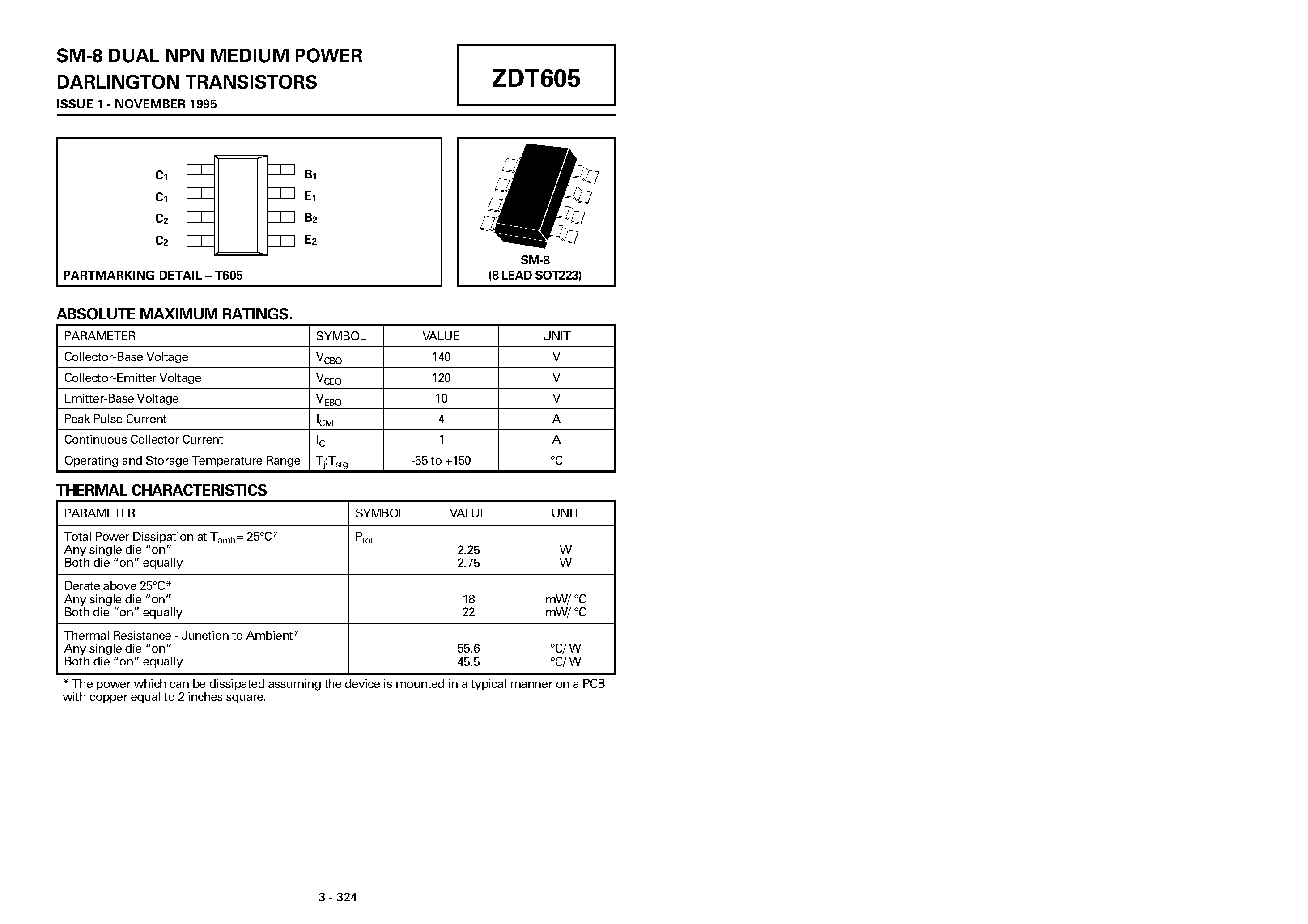 Даташит ZDT605 - DUAL NPN MEDIUM POWER DARLINGTON TRANSISTORS страница 1