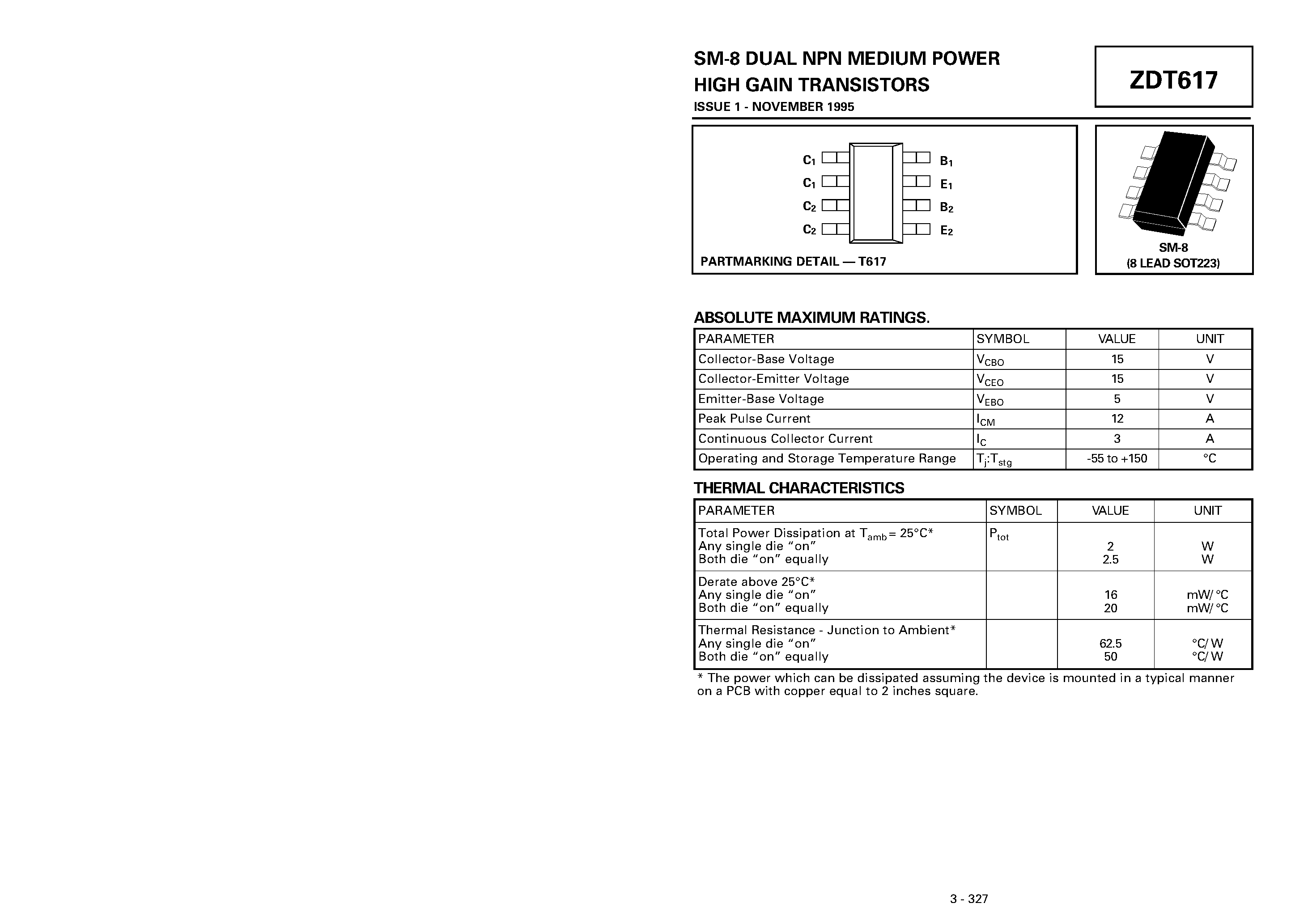 Даташит ZDT617 - DUAL NPN MEDIUM POWER HIGH GAIN TRANSISTORS страница 1