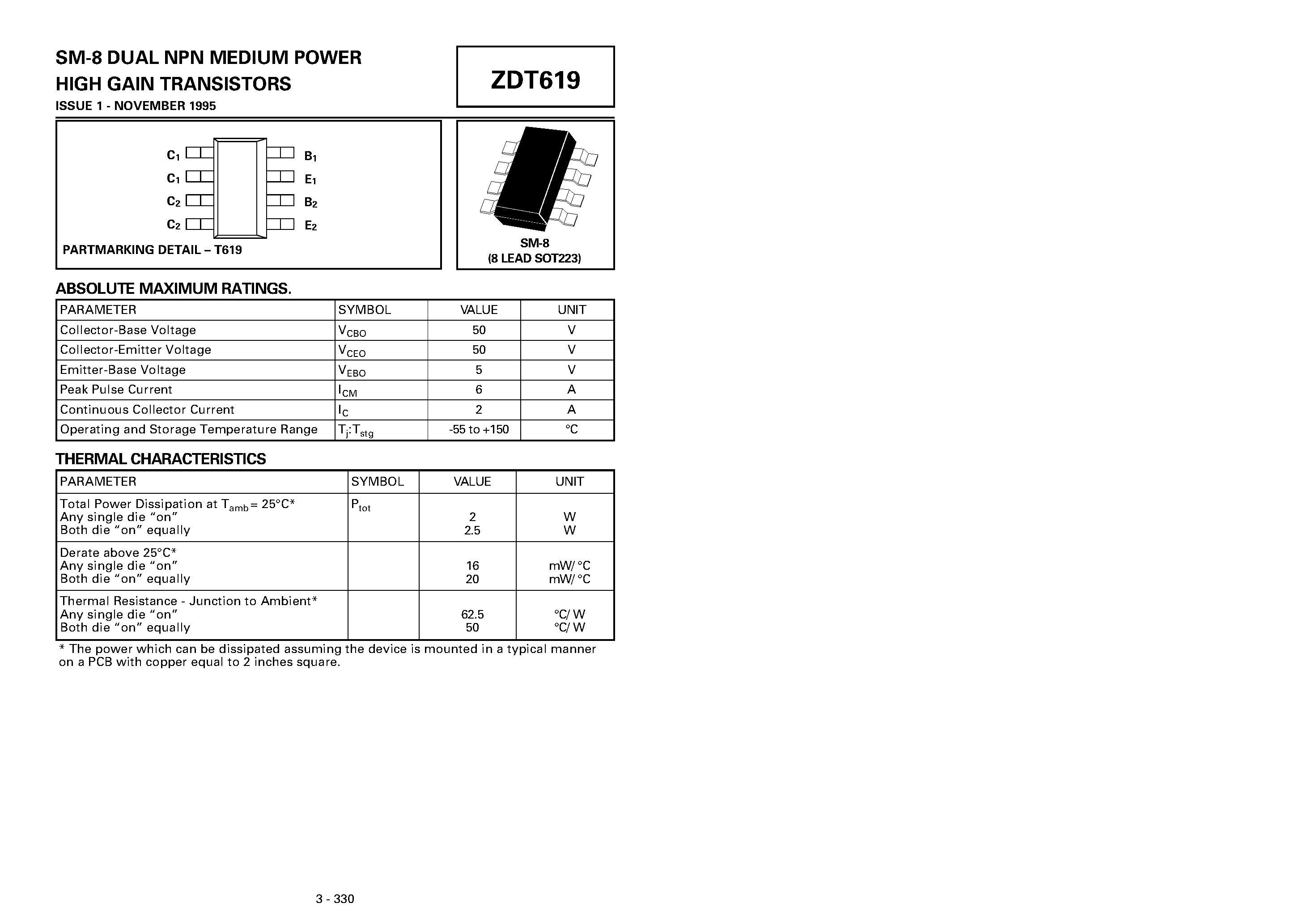 Даташит ZDT619 - DUAL NPN MEDIUM POWER HIGH GAIN TRANSISTORS страница 1