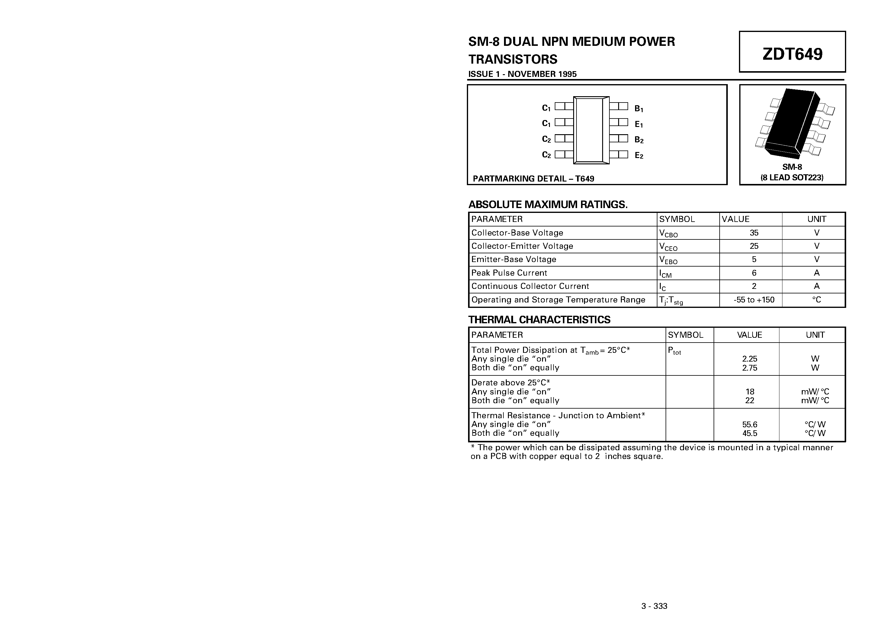 Даташит ZDT649 - DUAL NPN MEDIUM POWER TRANSISTORS страница 1