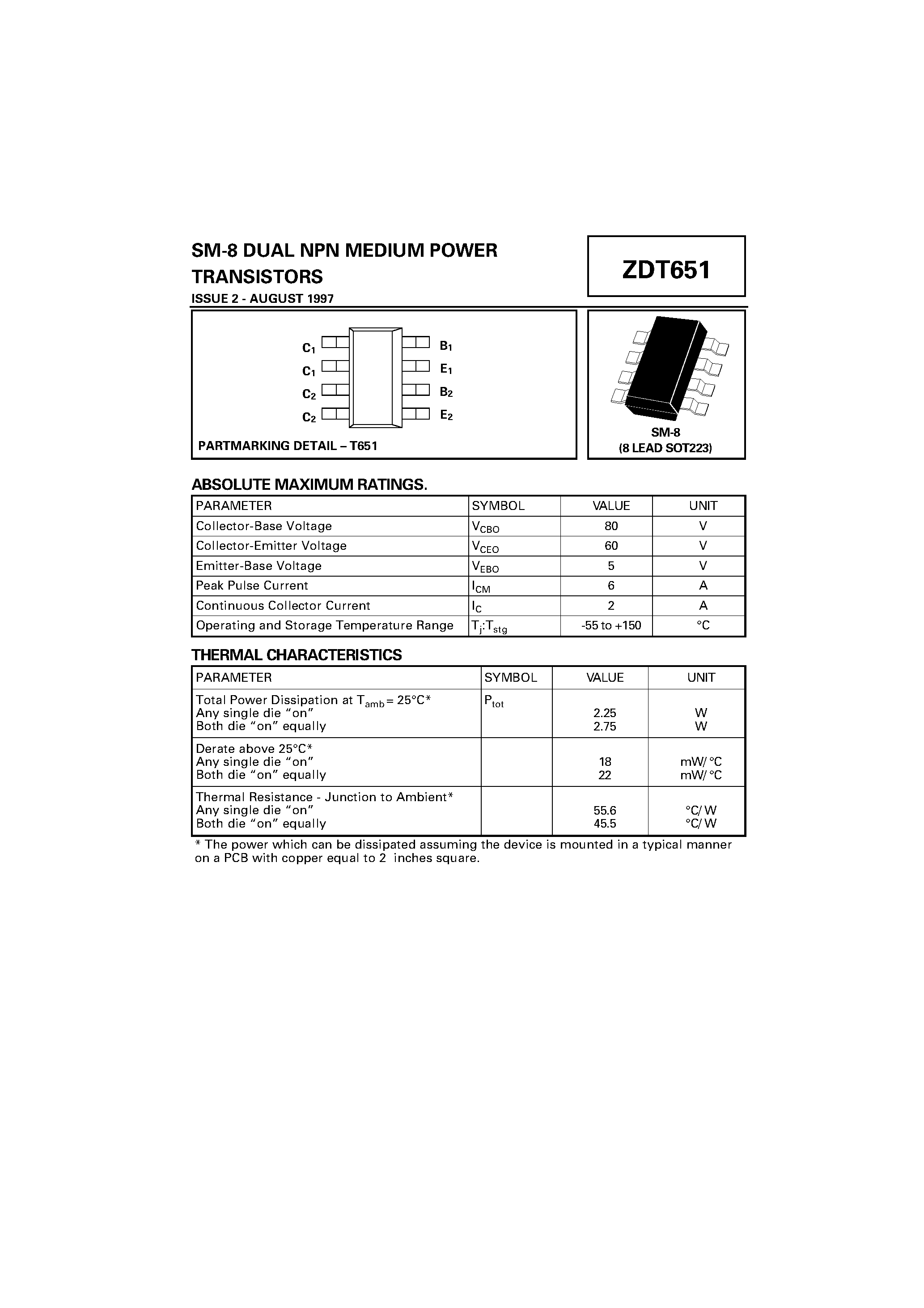 Даташит ZDT651 - DUAL NPN MEDIUM POWER TRANSISTORS страница 1