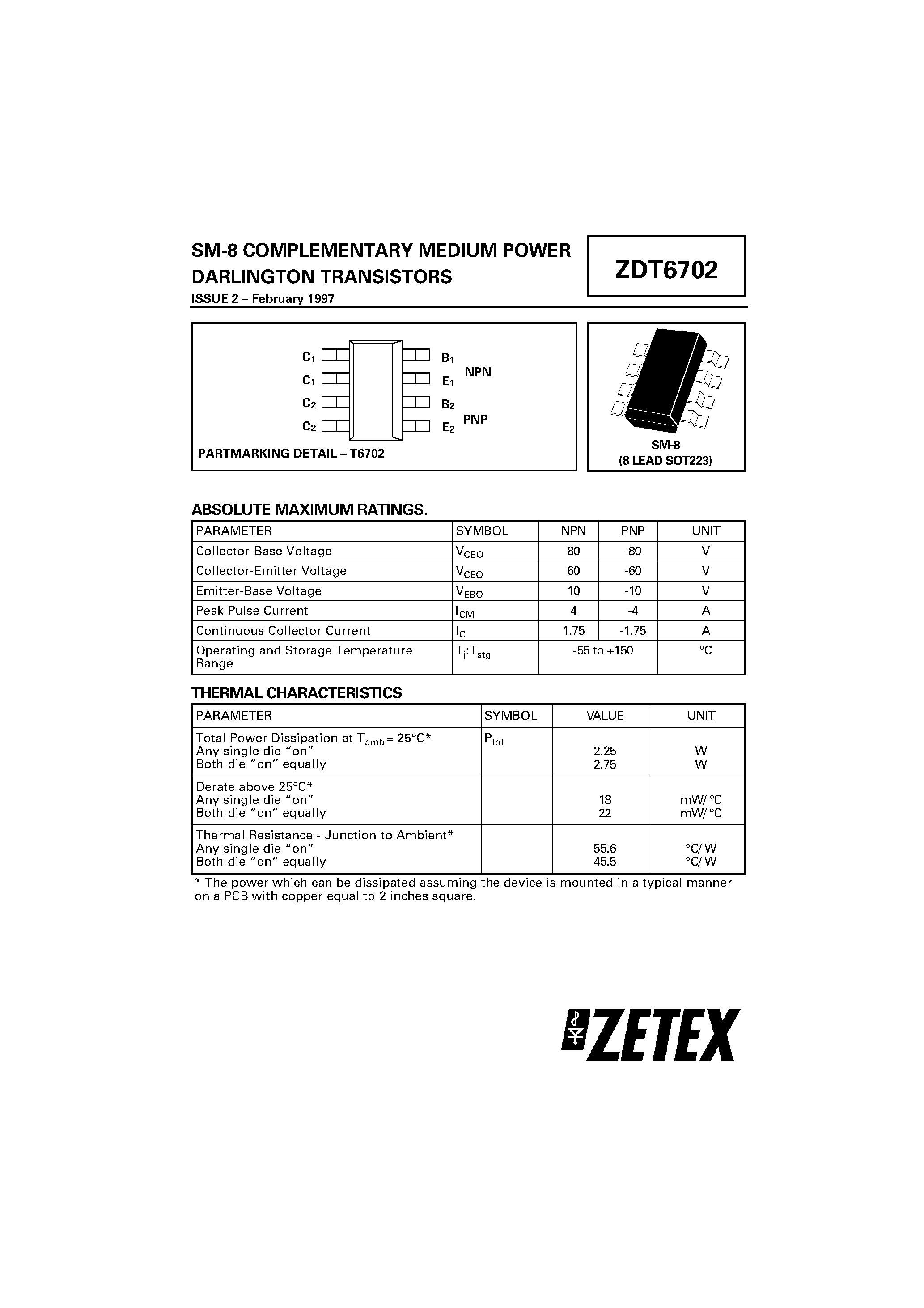 Даташит ZDT6702 - COMPLEMENTARY MEDIUM POWER DARLINGTON TRANSISTORS страница 1