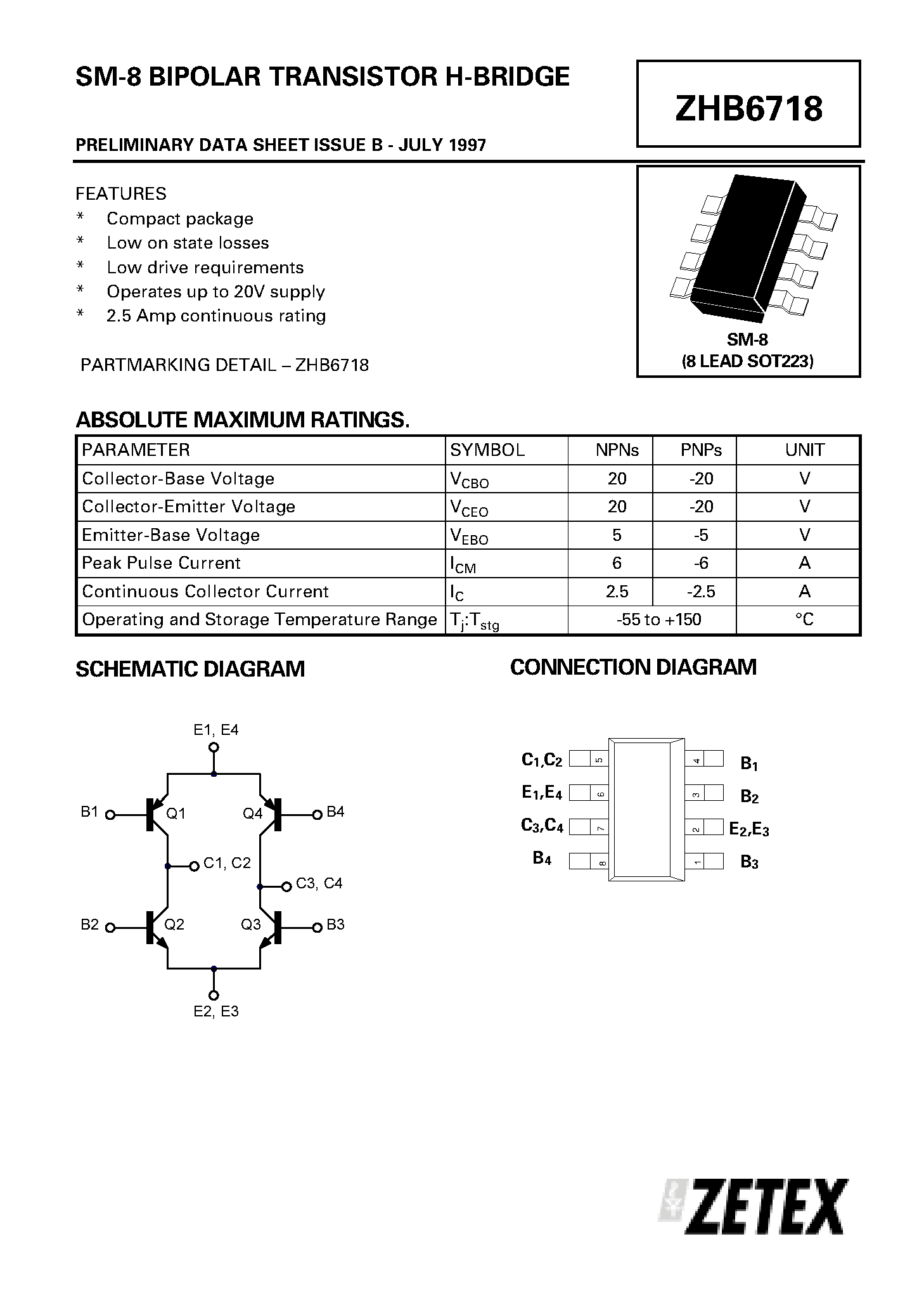 Даташит ZHB6718 - BIPOLAR TRANSISTOR H-BRIDGE страница 1