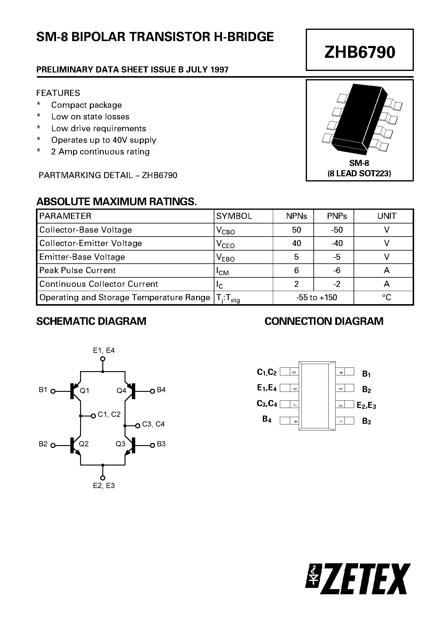 Даташит ZHB6790 - BIPOLAR TRANSISTOR H-BRIDGE страница 1