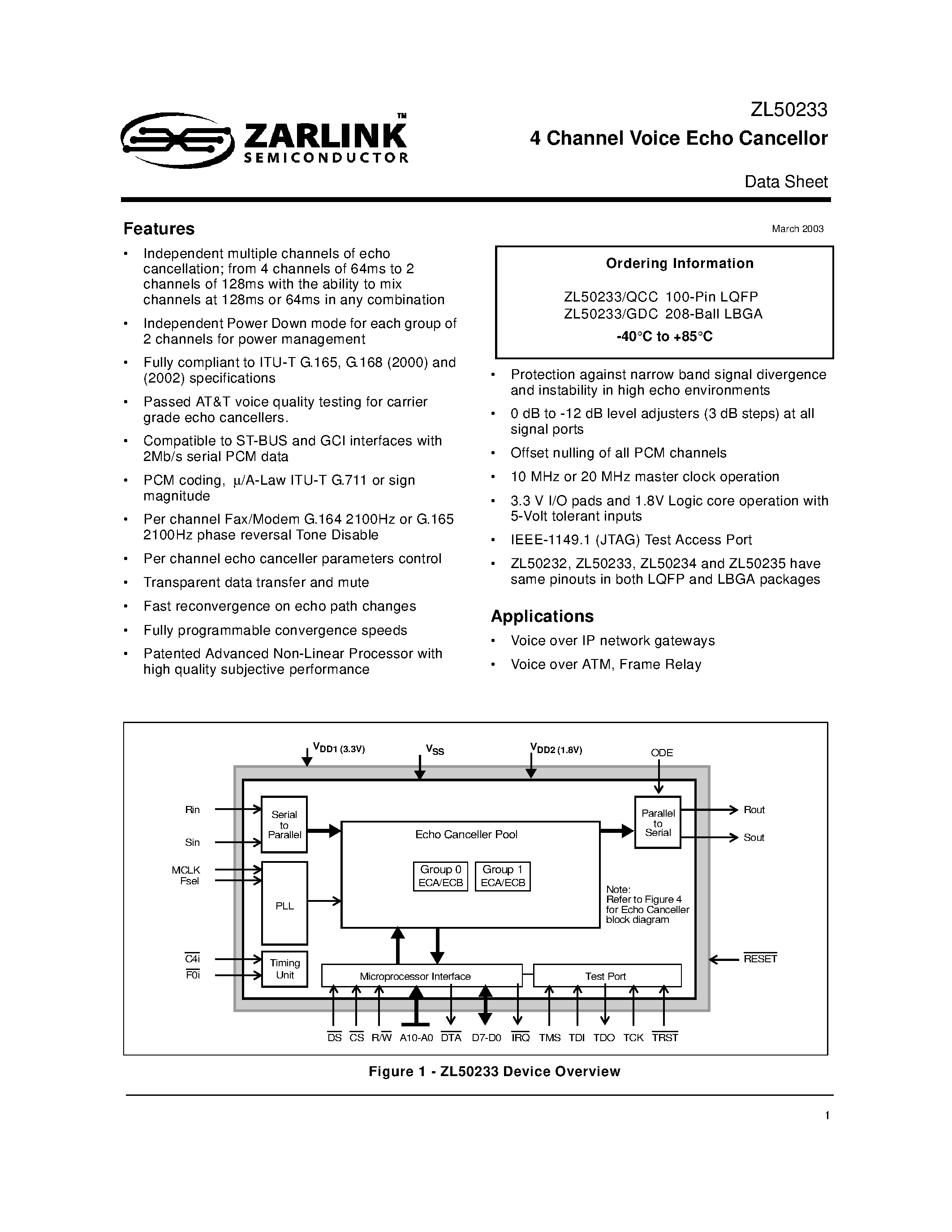 Datasheet ZL50233 - 4 Channel Voice Echo Cancellor page 1