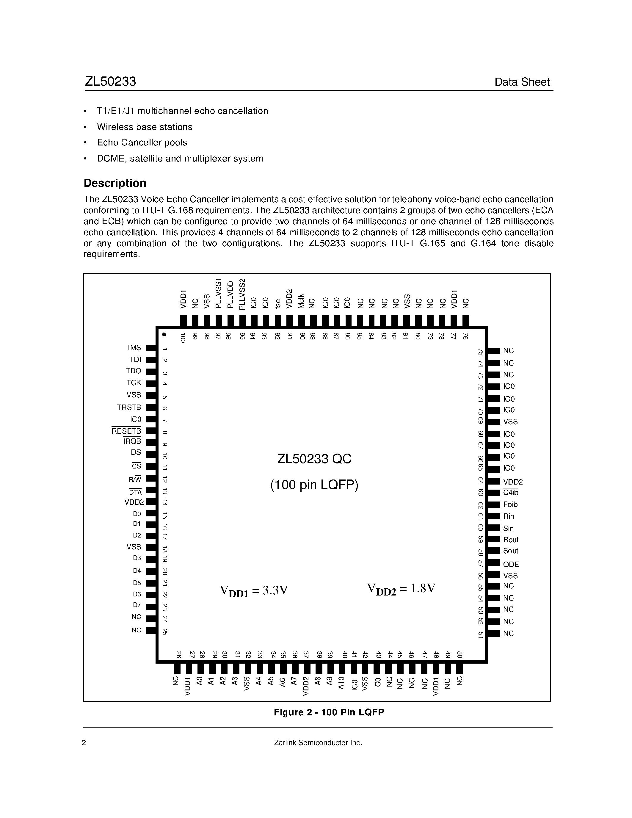 Datasheet ZL50233 - 4 Channel Voice Echo Cancellor page 2