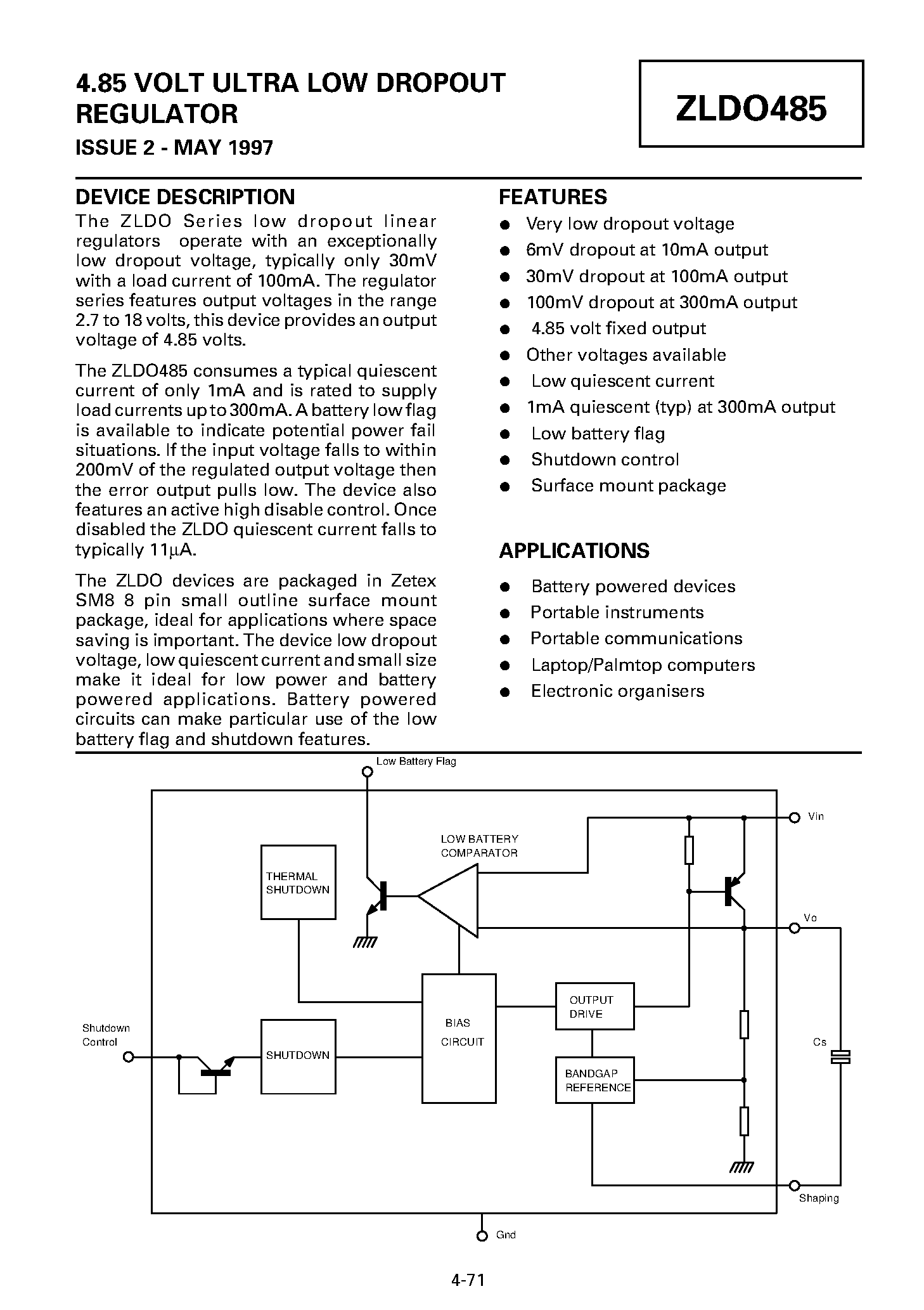 Datasheet ZLDO485 - 4.85 VOLT ULTRA LOW DROPOUT REGULATOR page 1