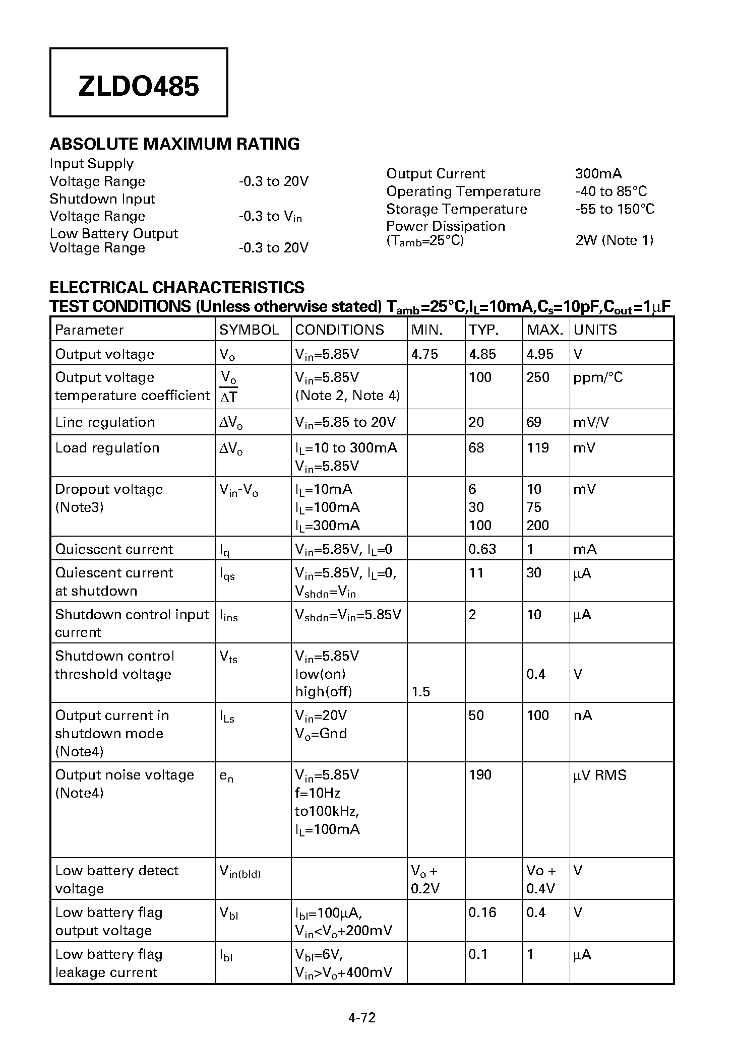 Datasheet ZLDO485 - 4.85 VOLT ULTRA LOW DROPOUT REGULATOR page 2