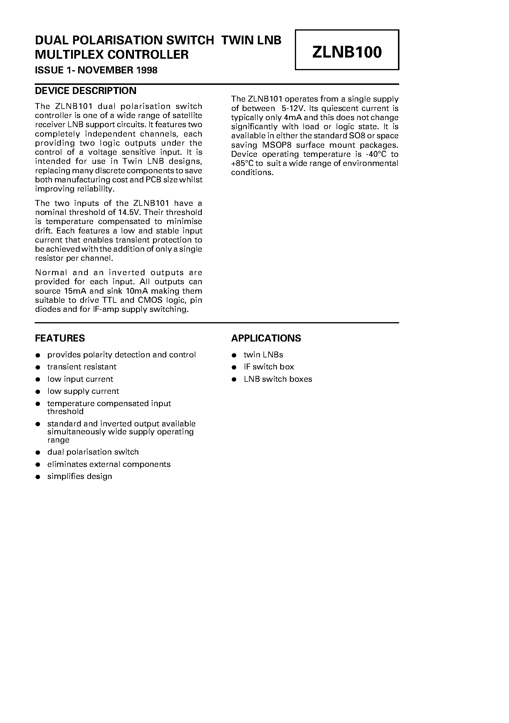 Datasheet ZLNB100 - DUAL POLARISATION SWITCH TWIN LNB MULTIPLEX CONTROLLER page 1