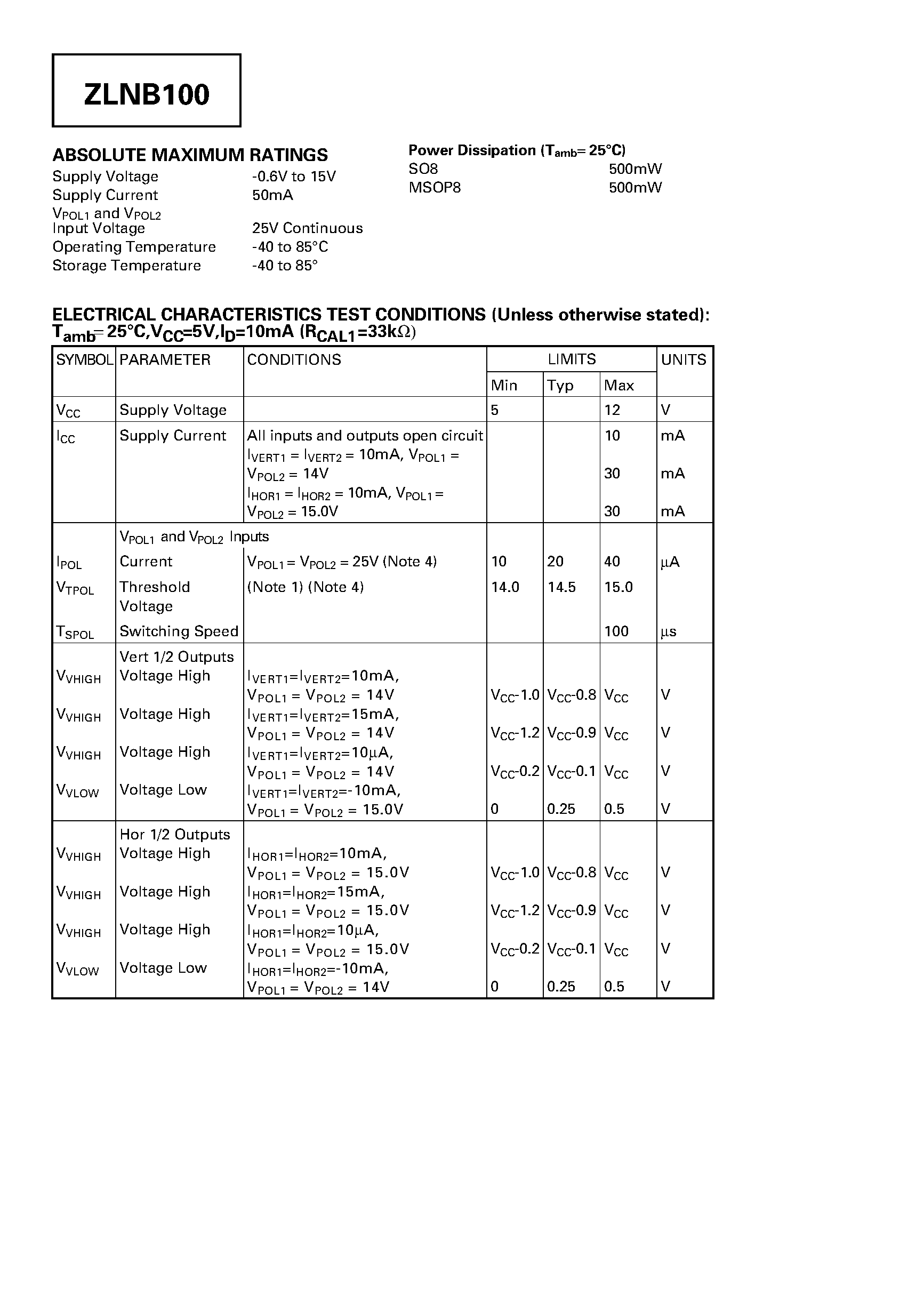 Datasheet ZLNB100 - DUAL POLARISATION SWITCH TWIN LNB MULTIPLEX CONTROLLER page 2