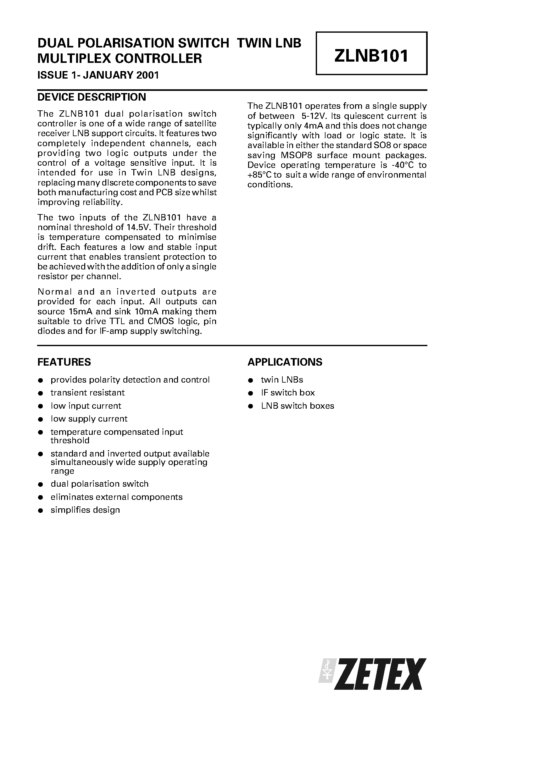 Datasheet ZLNB101 - DUAL POLARISATION SWITCH TWIN LNB MULTIPLEX CONTROLLER page 1