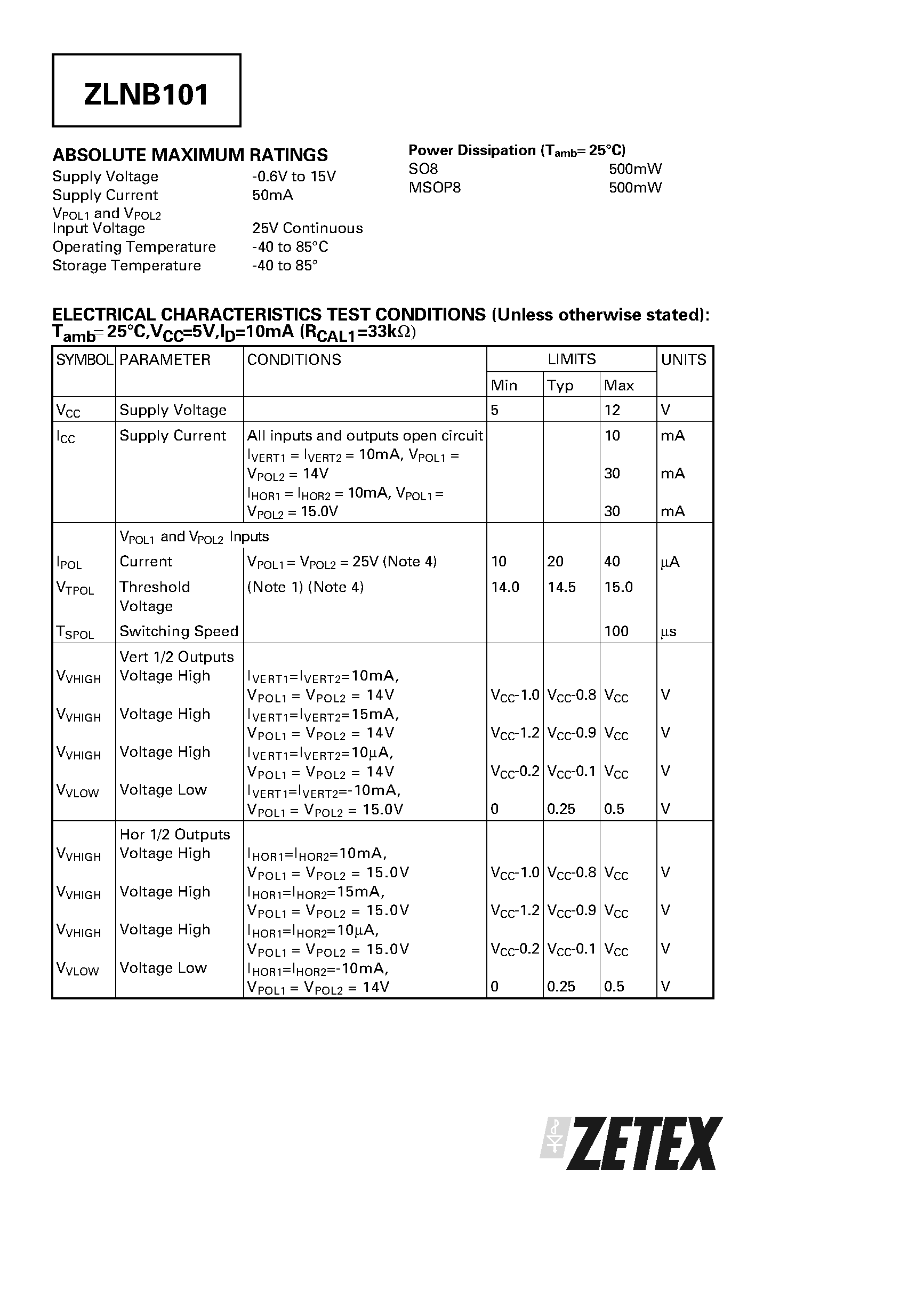 Datasheet ZLNB101 - DUAL POLARISATION SWITCH TWIN LNB MULTIPLEX CONTROLLER page 2