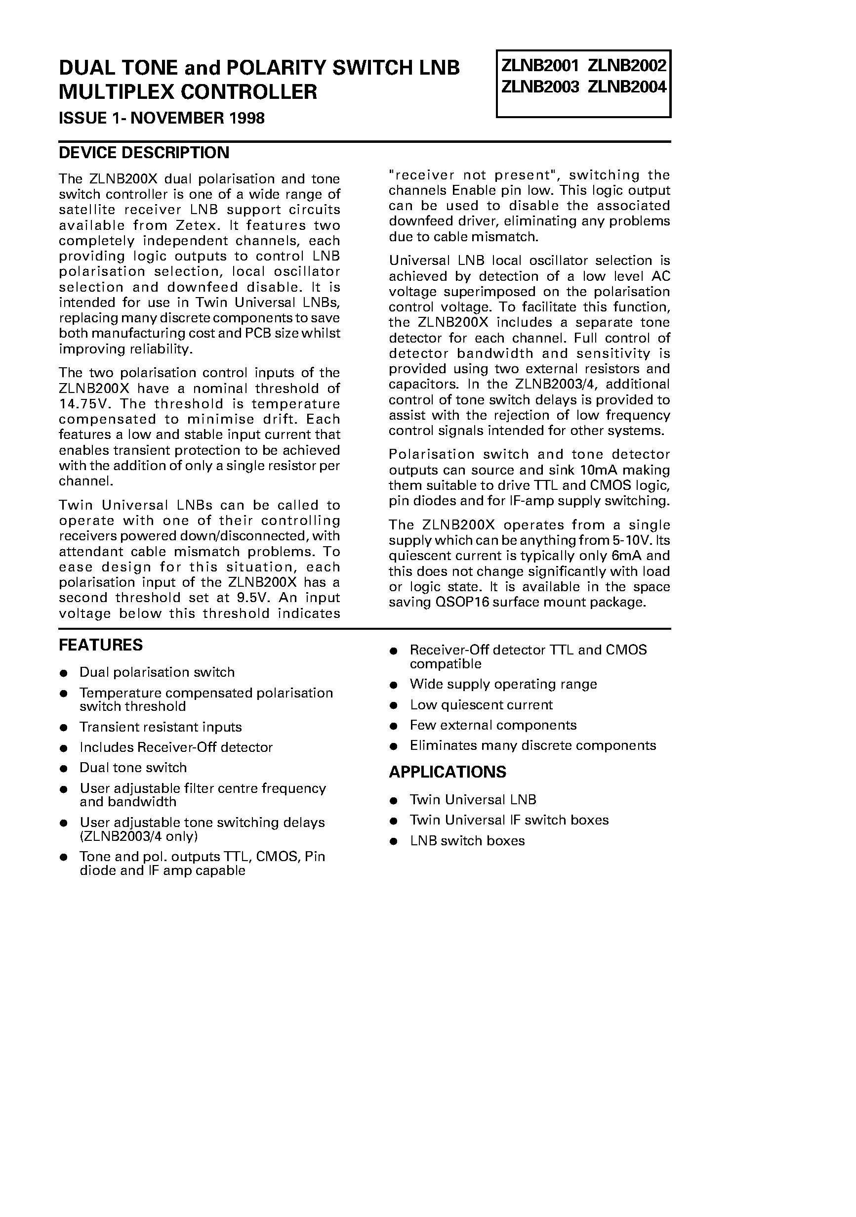 Datasheet ZLNB2001 - DUAL TONE and POLARITY SWITCH LNB MULTIPLEX CONTROLLER page 1