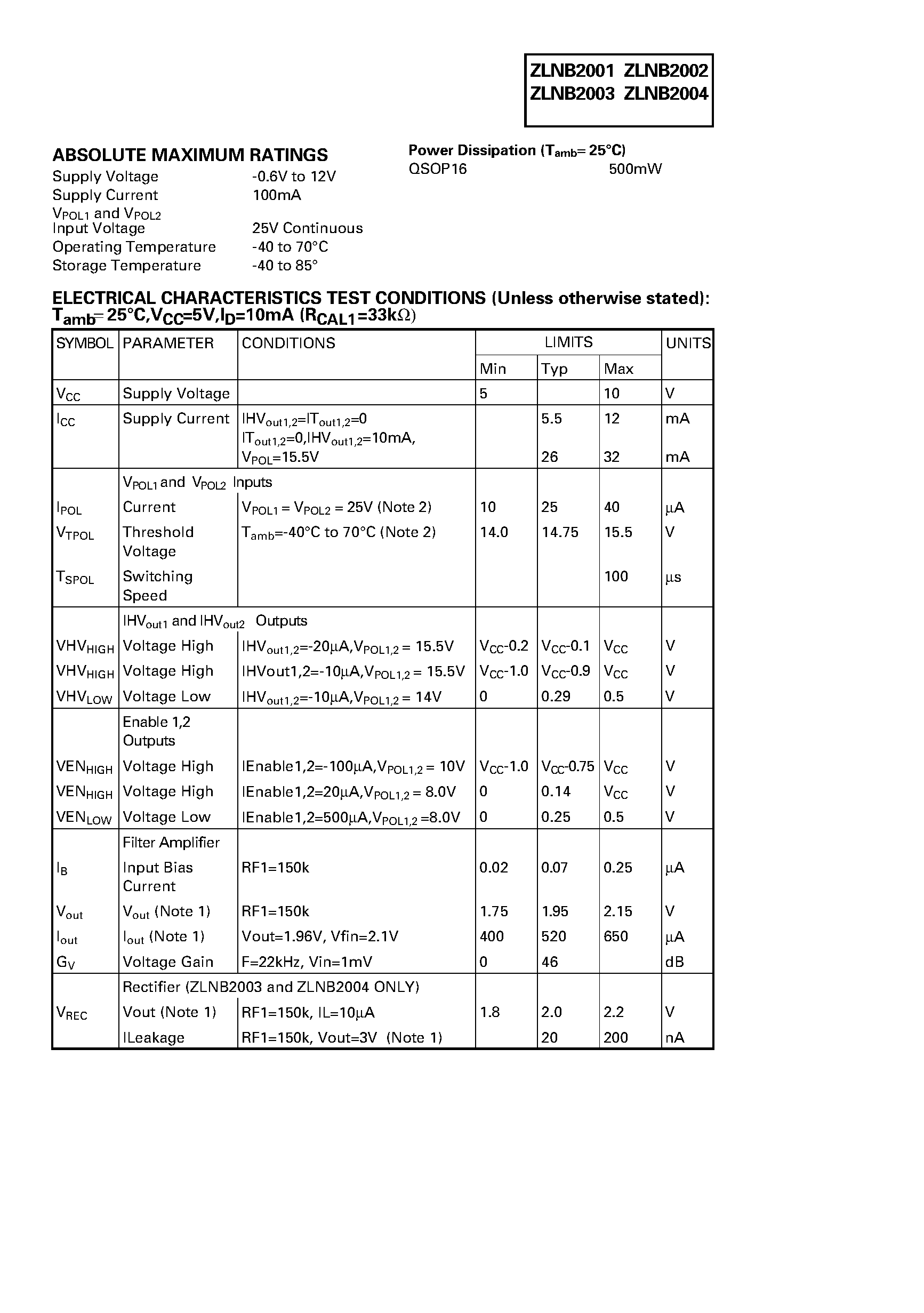 Datasheet ZLNB2001 - DUAL TONE and POLARITY SWITCH LNB MULTIPLEX CONTROLLER page 2