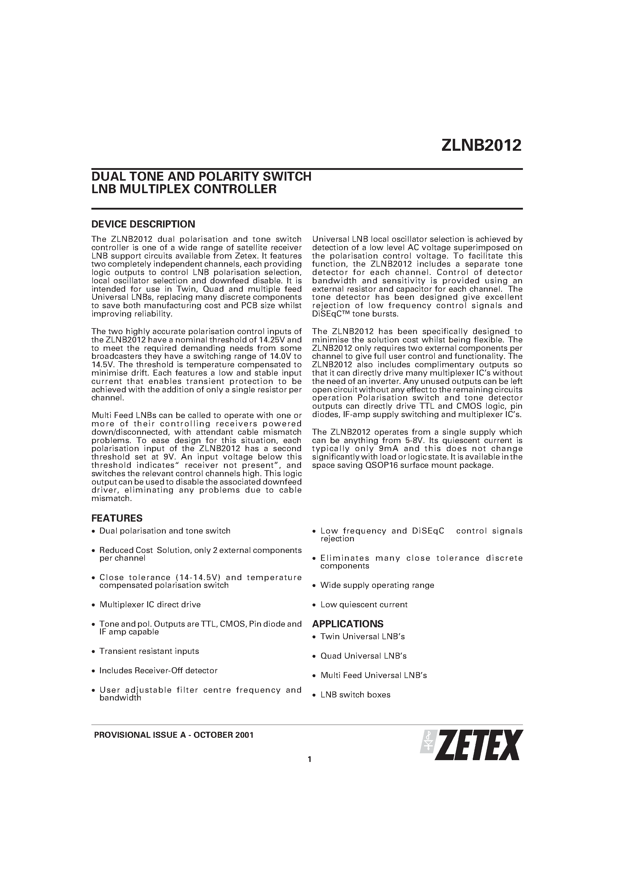 Datasheet ZLNB2012 - DUAL TONE AND POLARITY SWITCH LNB MULTIPLEX CONTROLLER page 1