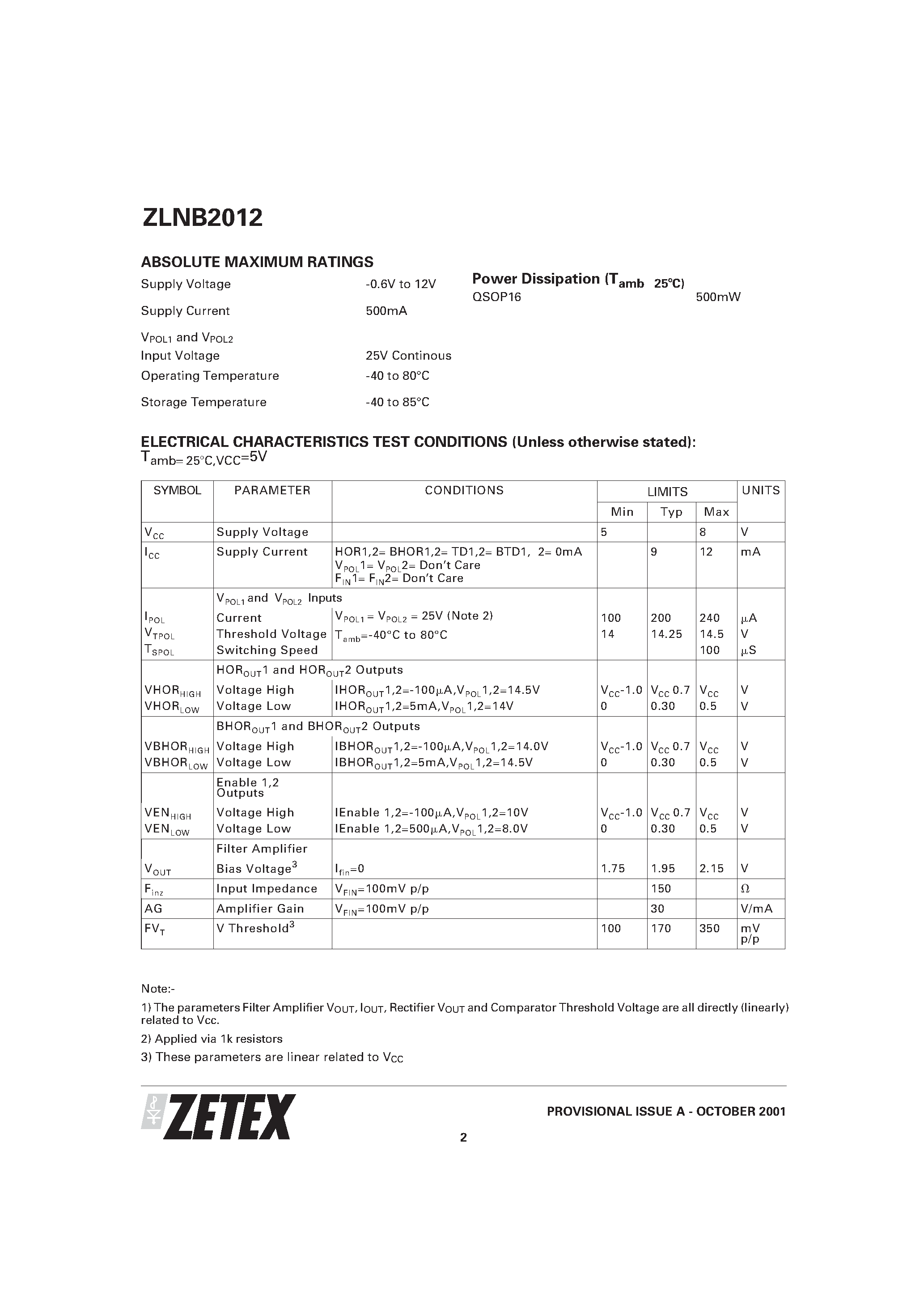 Datasheet ZLNB2012 - DUAL TONE AND POLARITY SWITCH LNB MULTIPLEX CONTROLLER page 2