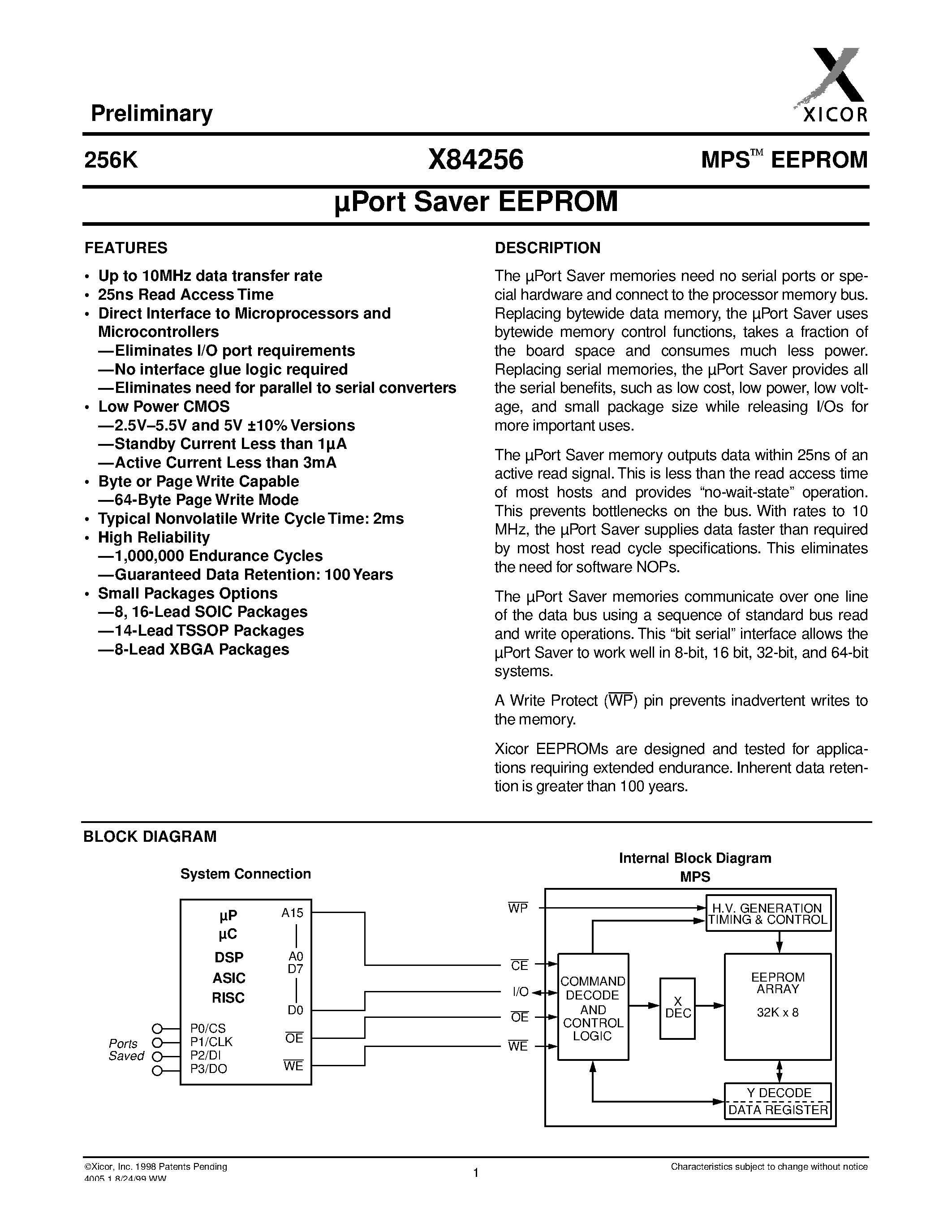 Datasheet X84256S16-1.8 - UPort Saver EEPROM page 1