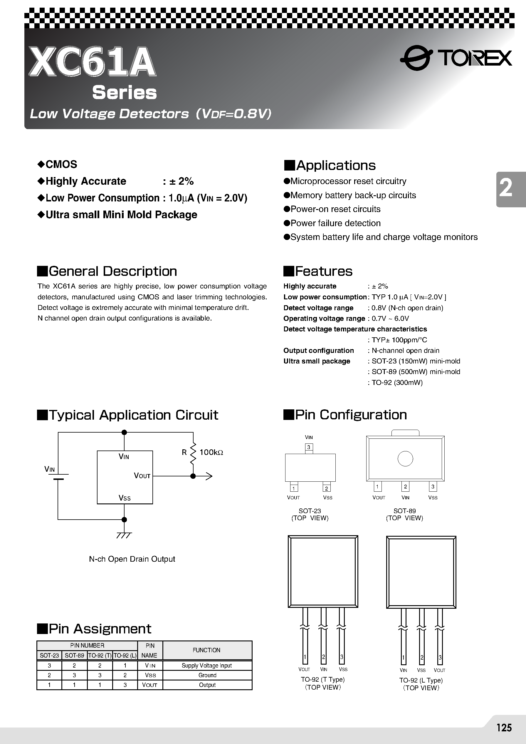 Даташит XC61A - Low Voltage DetectorsVDF=0.8V) страница 1