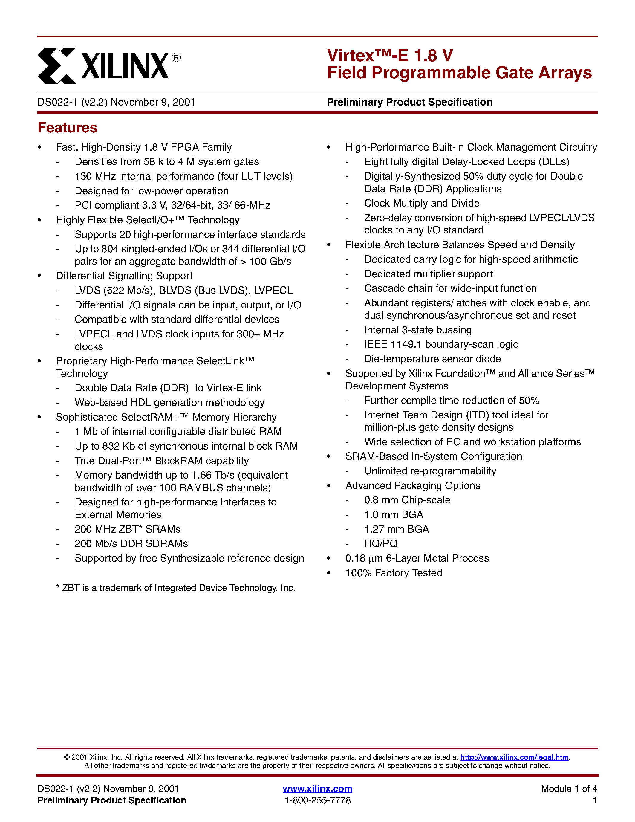 Datasheet XCV100 - Virtex-E 1.8 V Field Programmable Gate Arrays page 1