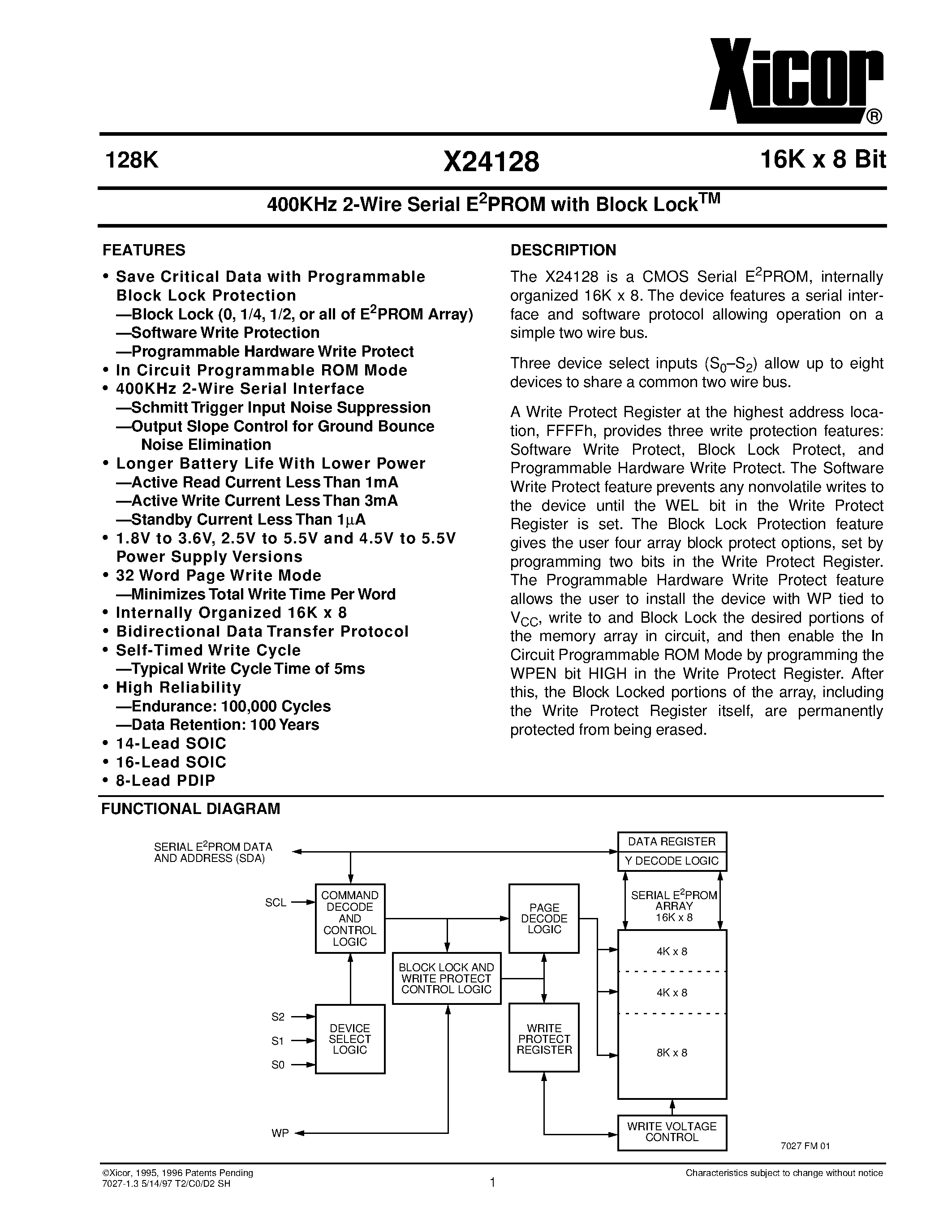 Datasheet X24128P-2.5 - 400KHz 2-Wire Serial E2PROM with Block Lock page 1