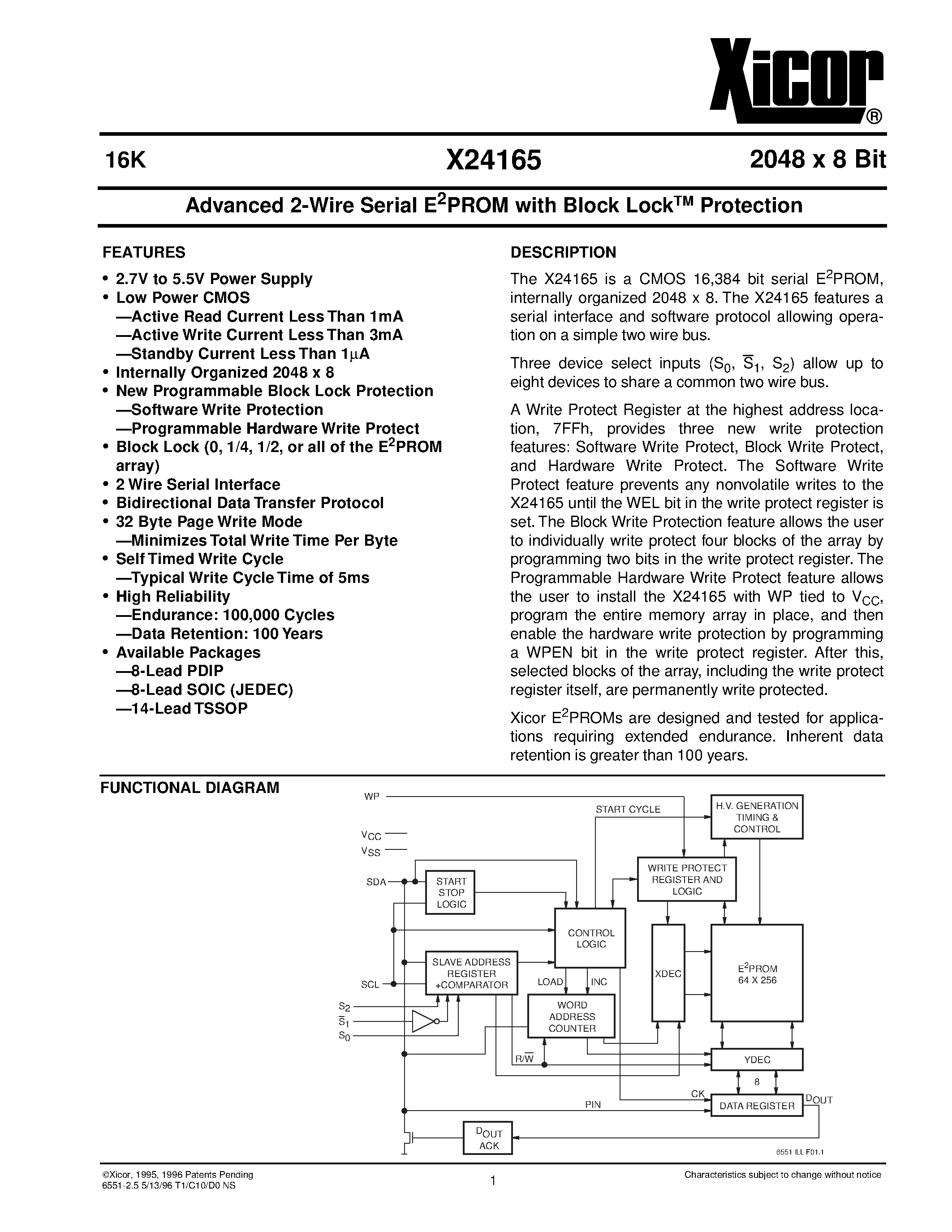 Даташит X24165 - Advanced 2-Wire Serial E2PROM with Block Lock Protection страница 1