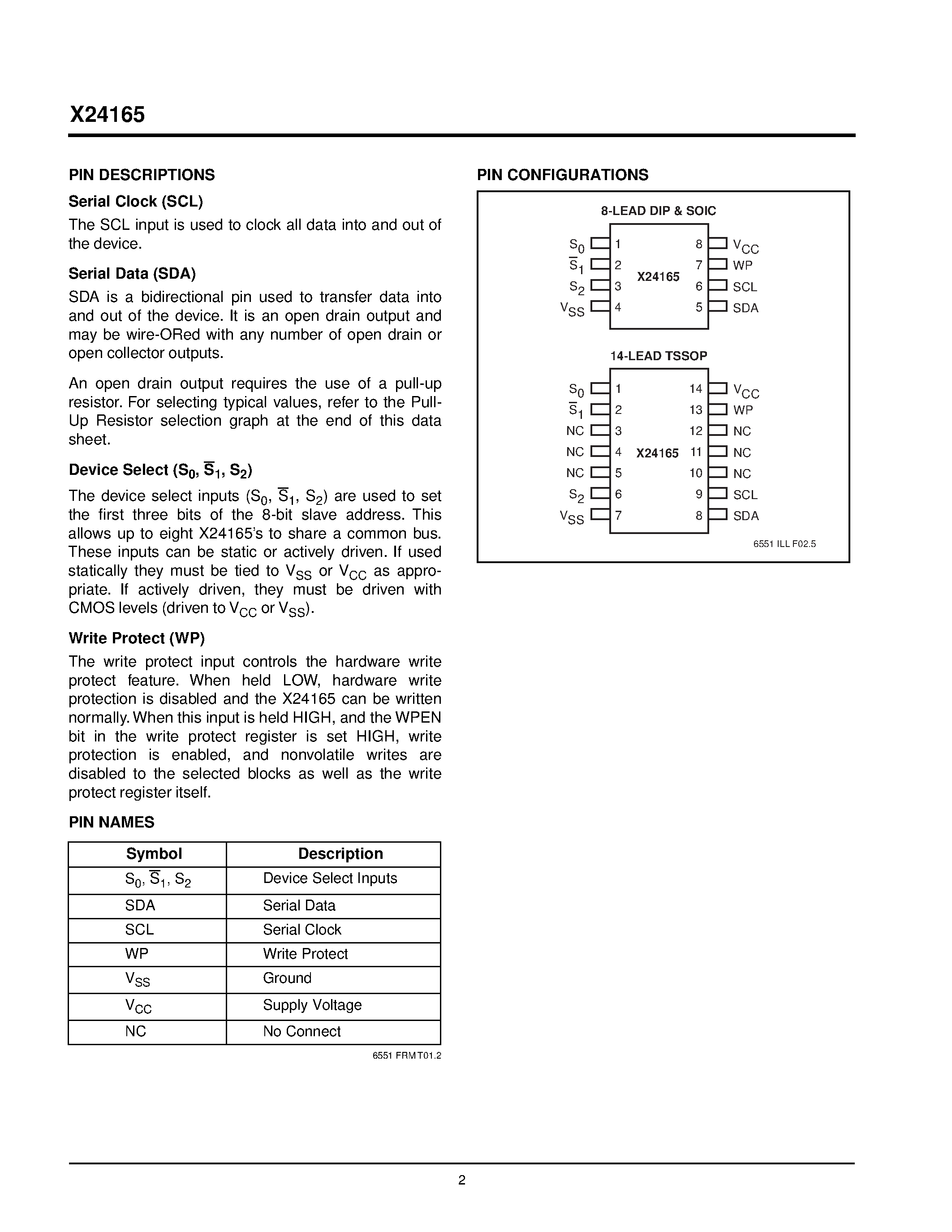 Datasheet X24165P-2.7 - Advanced 2-Wire Serial E2PROM with Block Lock Protection page 2