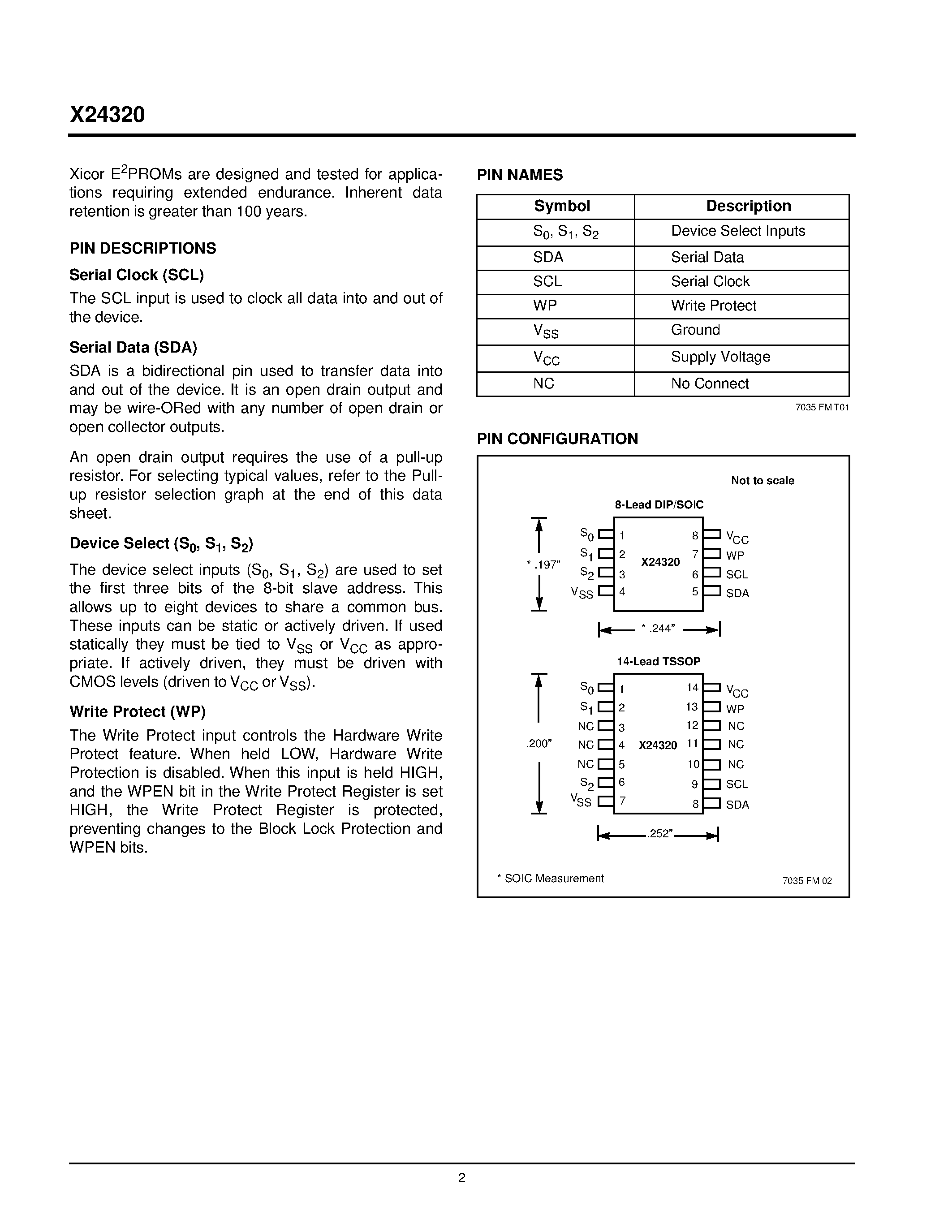 Datasheet X24320P-2.5 - 400KHz 2-Wire Serial E2PROM with Block Lock page 2