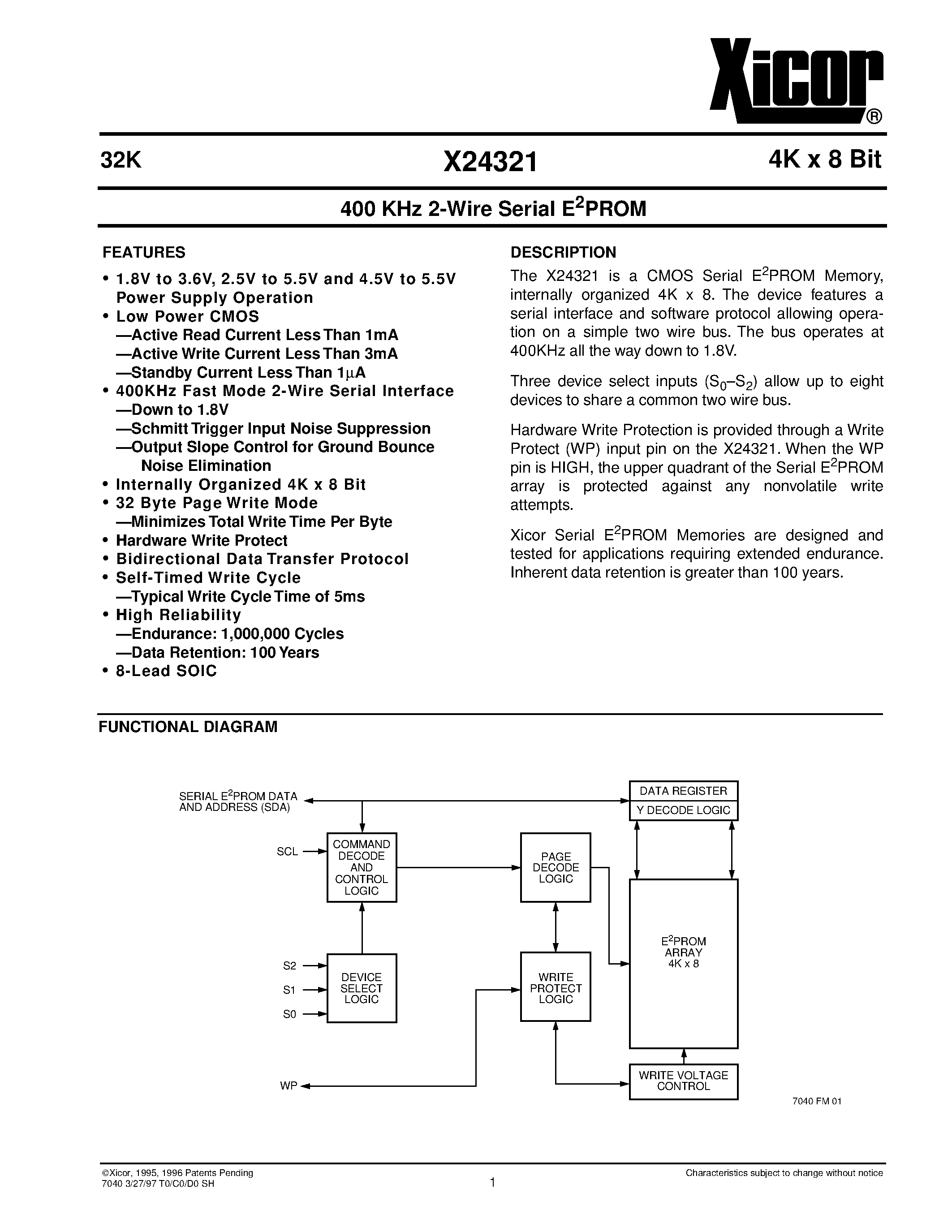 Datasheet X24321S8-2.5 - 400 KHz 2-Wire Serial E2PROM page 1