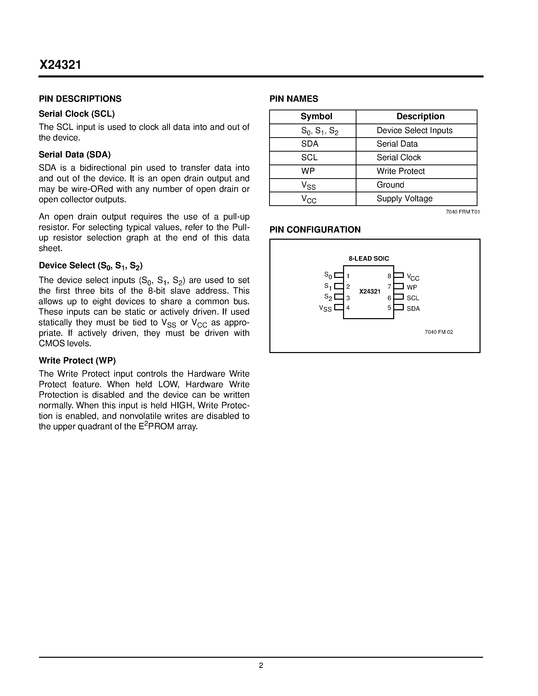 Datasheet X24321S8-2.5 - 400 KHz 2-Wire Serial E2PROM page 2