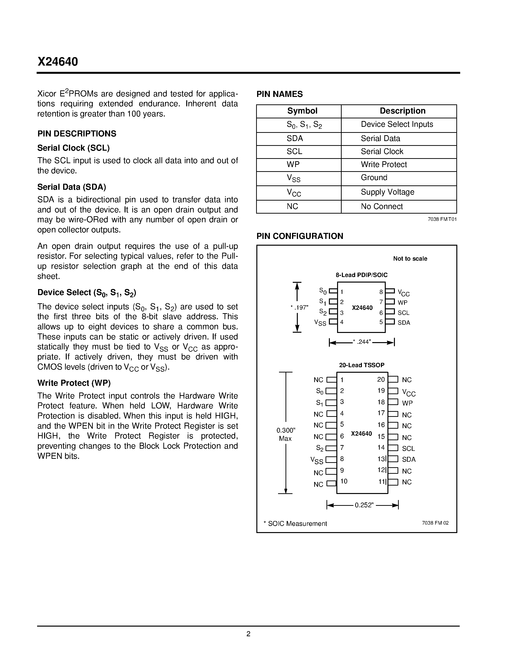 Datasheet X24640 - 400KHz 2-Wire Serial E 2 PROM with Block Lock page 2