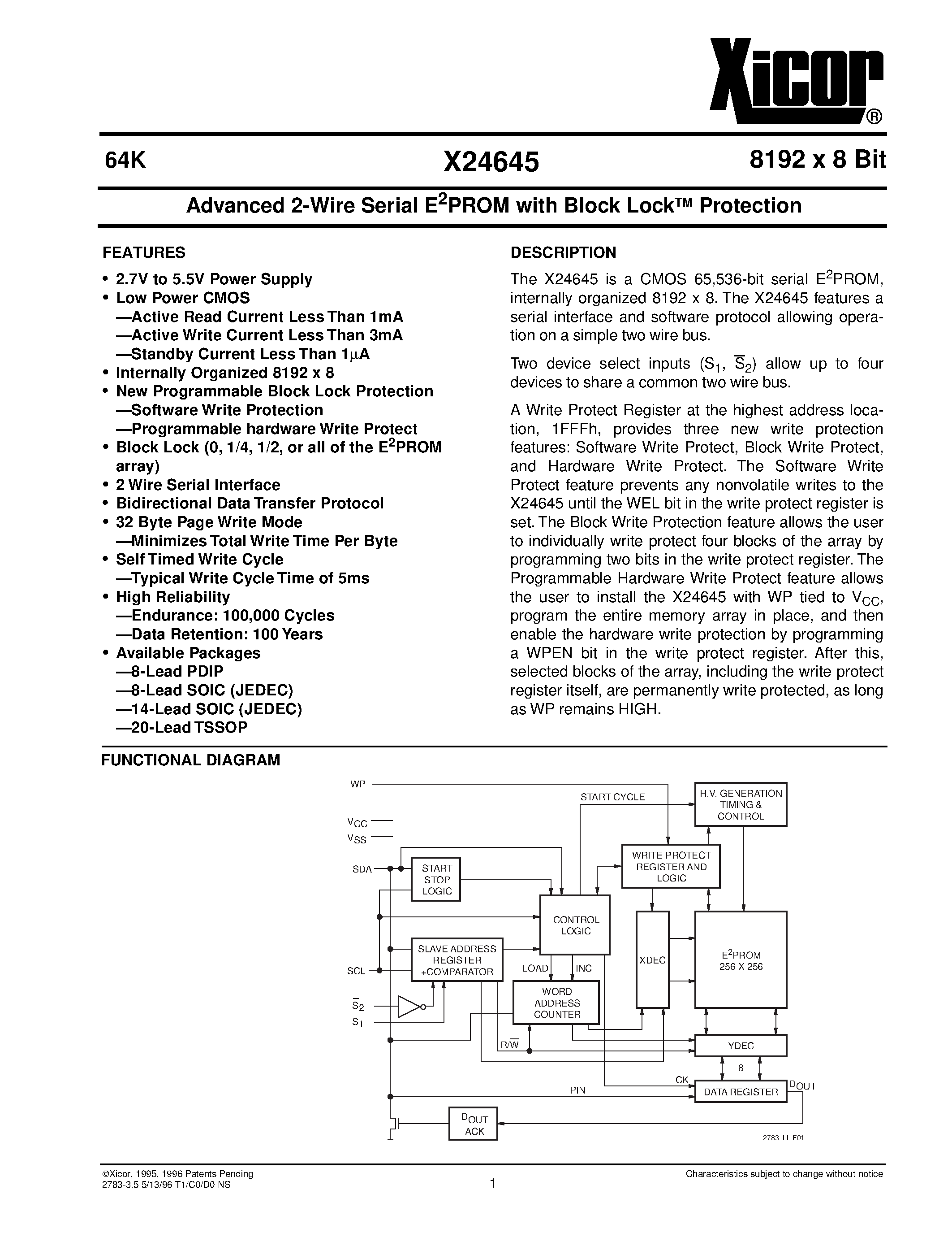 Datasheet X24645 - Advanced 2-Wire Serial E 2 PROM with Block Lock TM Protection page 1