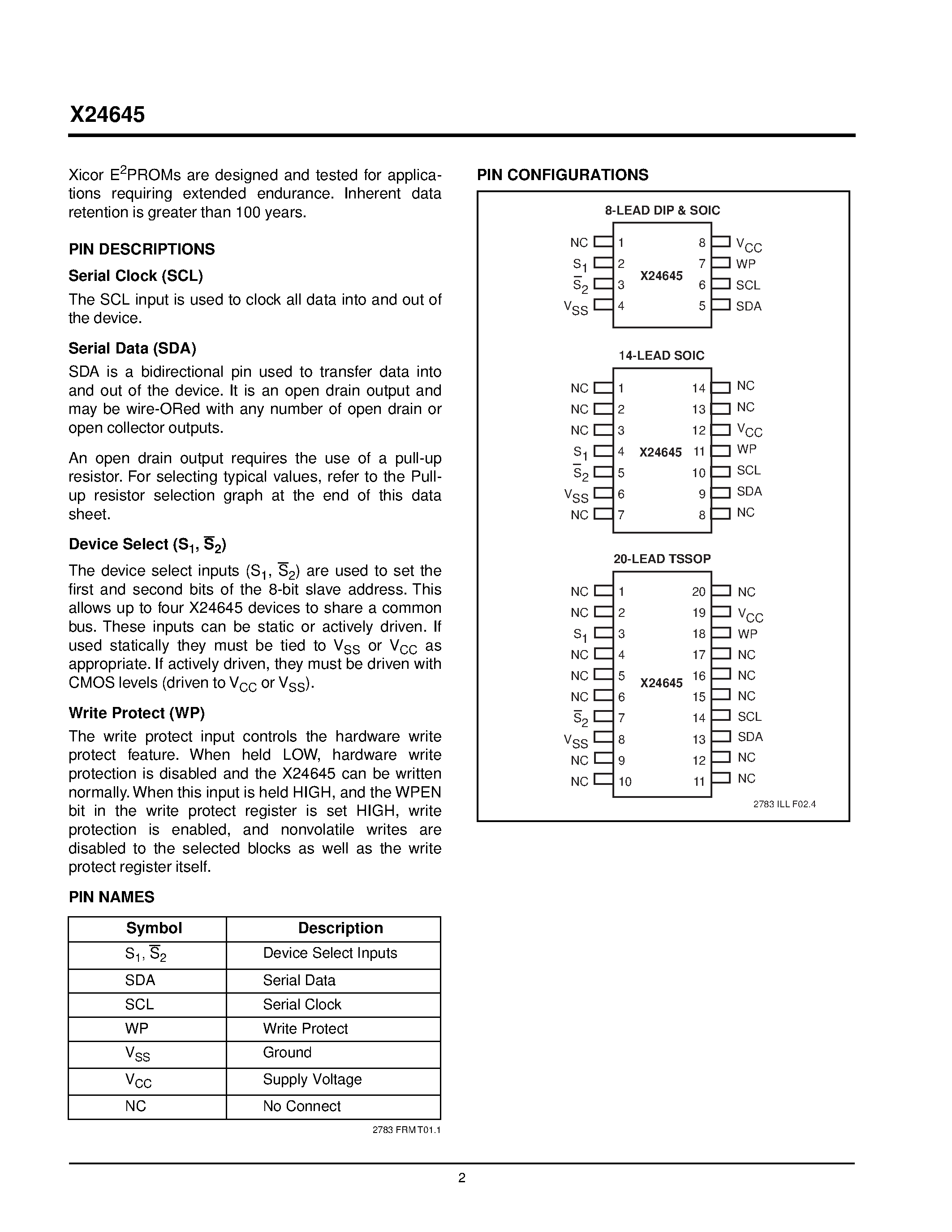 Datasheet X24645 - Advanced 2-Wire Serial E 2 PROM with Block Lock TM Protection page 2