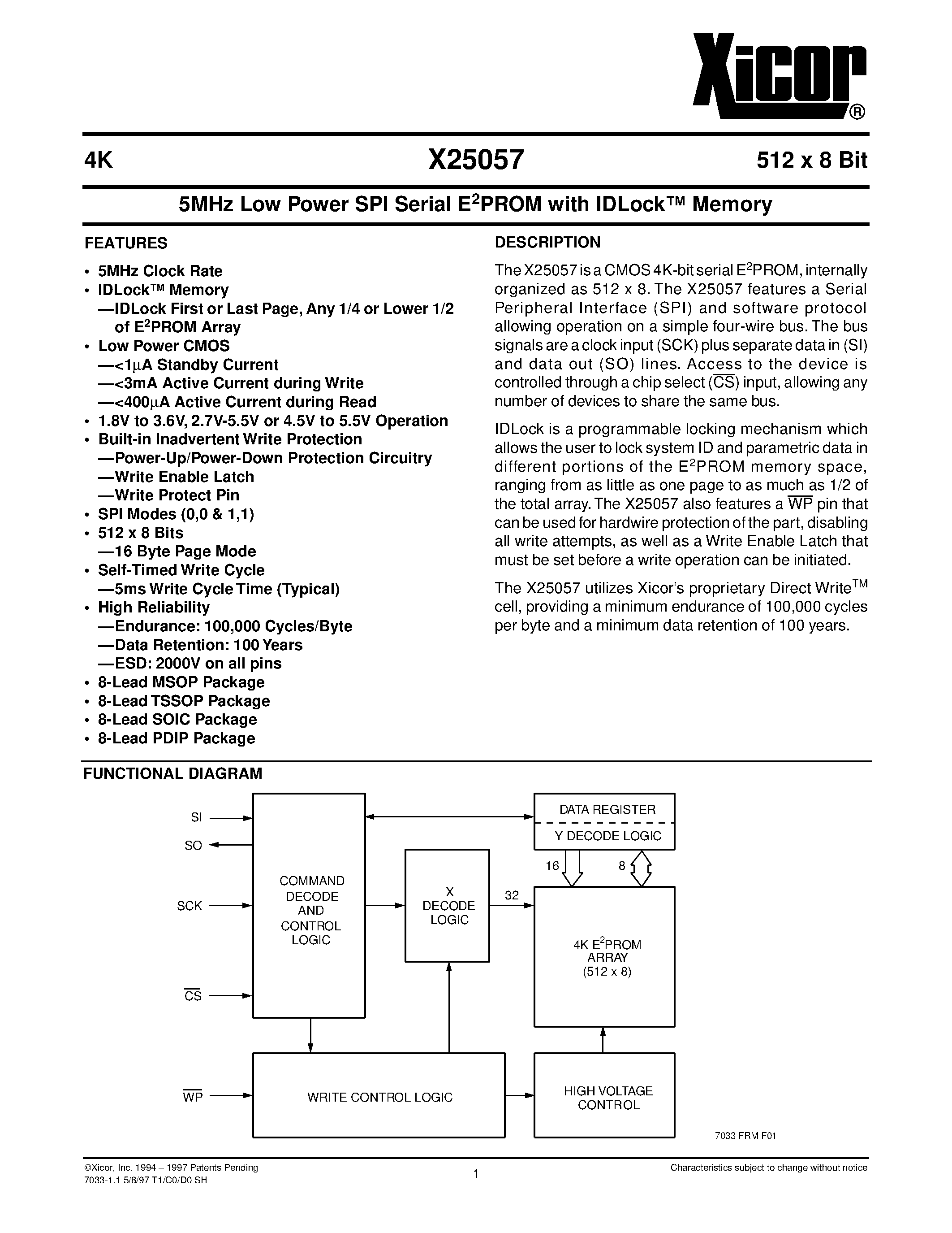 Datasheet X25057 - 5MHz Low Power SPI Serial E 2 PROM with IDLock Memory page 1