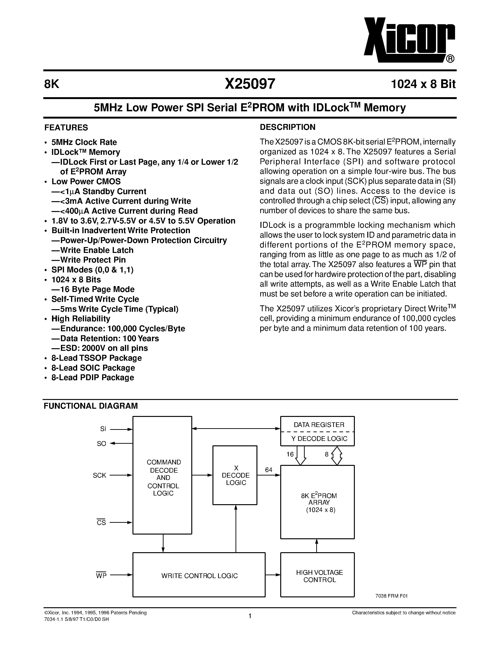 Datasheet X25097 - 5MHz Low Power SPI Serial E 2 PROM with IDLock TM Memory page 1