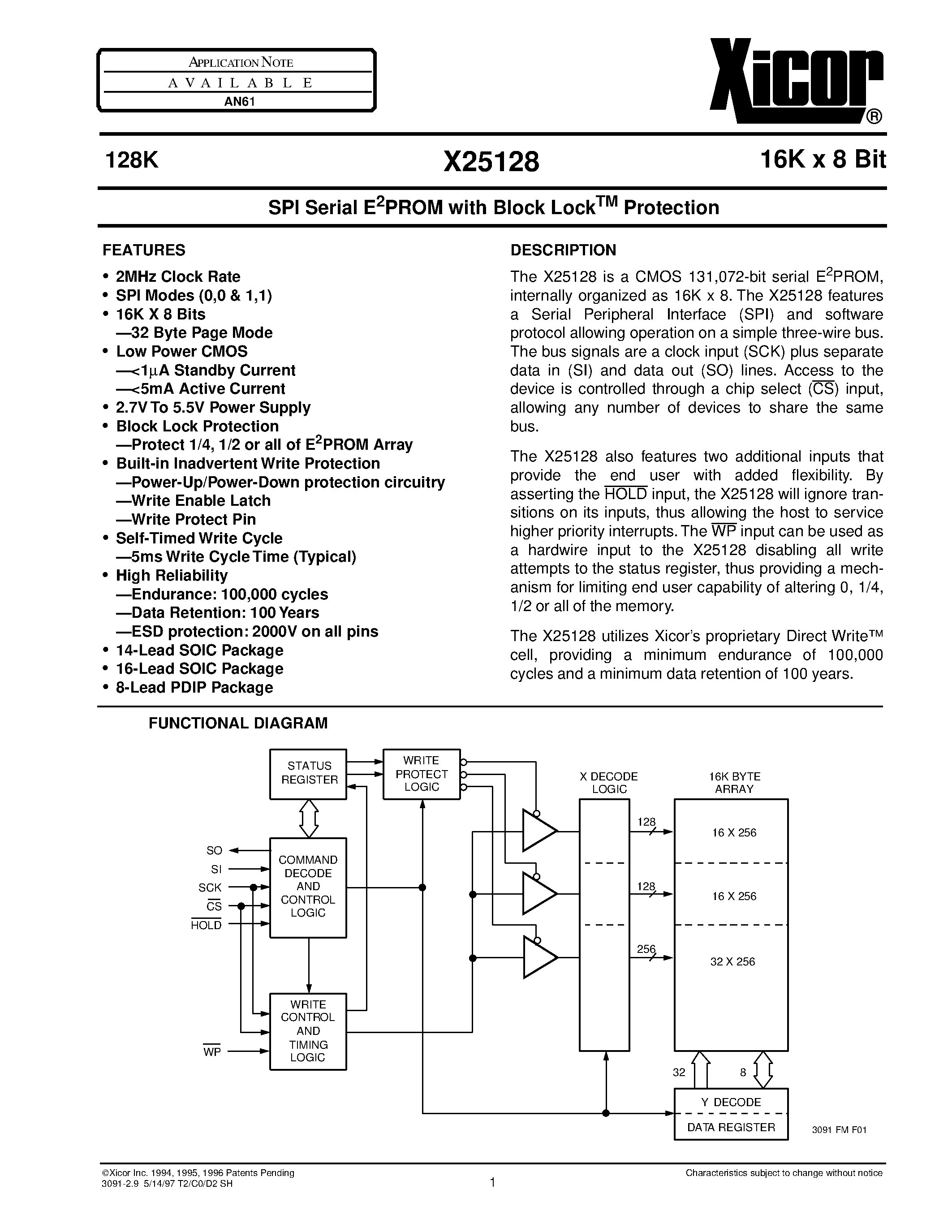 Даташит X25128 - SPI Serial E 2 PROM with Block Lock TM Protection страница 1