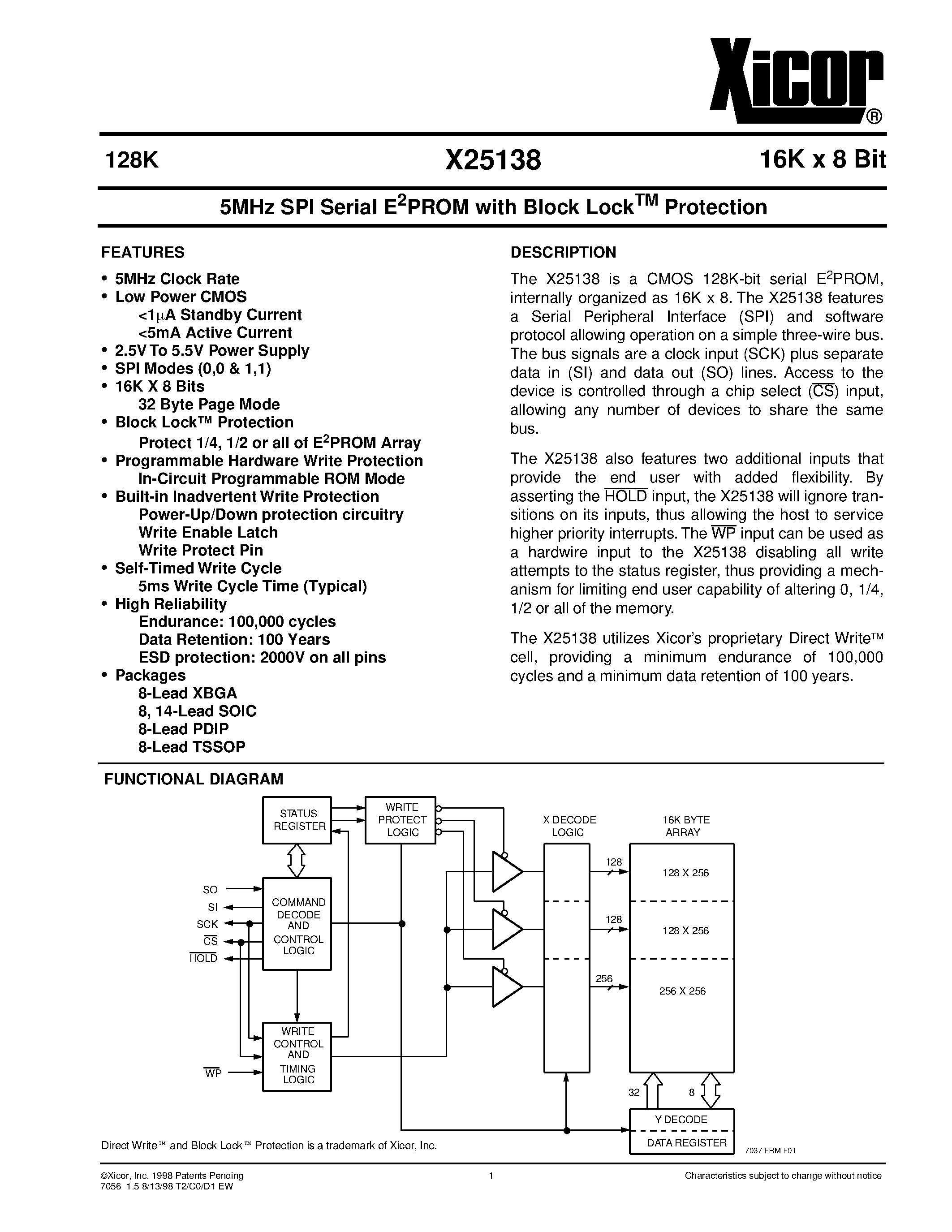 Даташит X25138 - 5MHz SPI Serial E2PROM with Block Lock PROTECTION страница 1