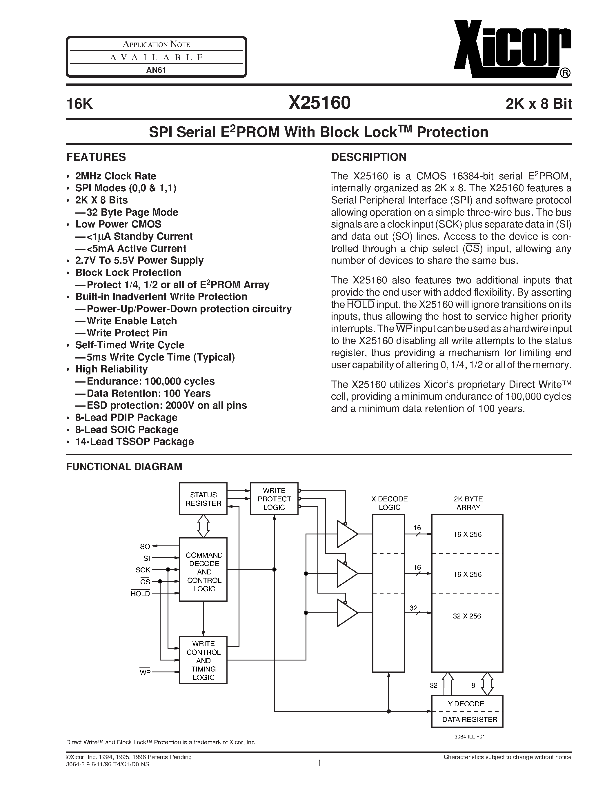 Даташит X25160 - SPI Serial E2PROM With Block LockTM Protection страница 1