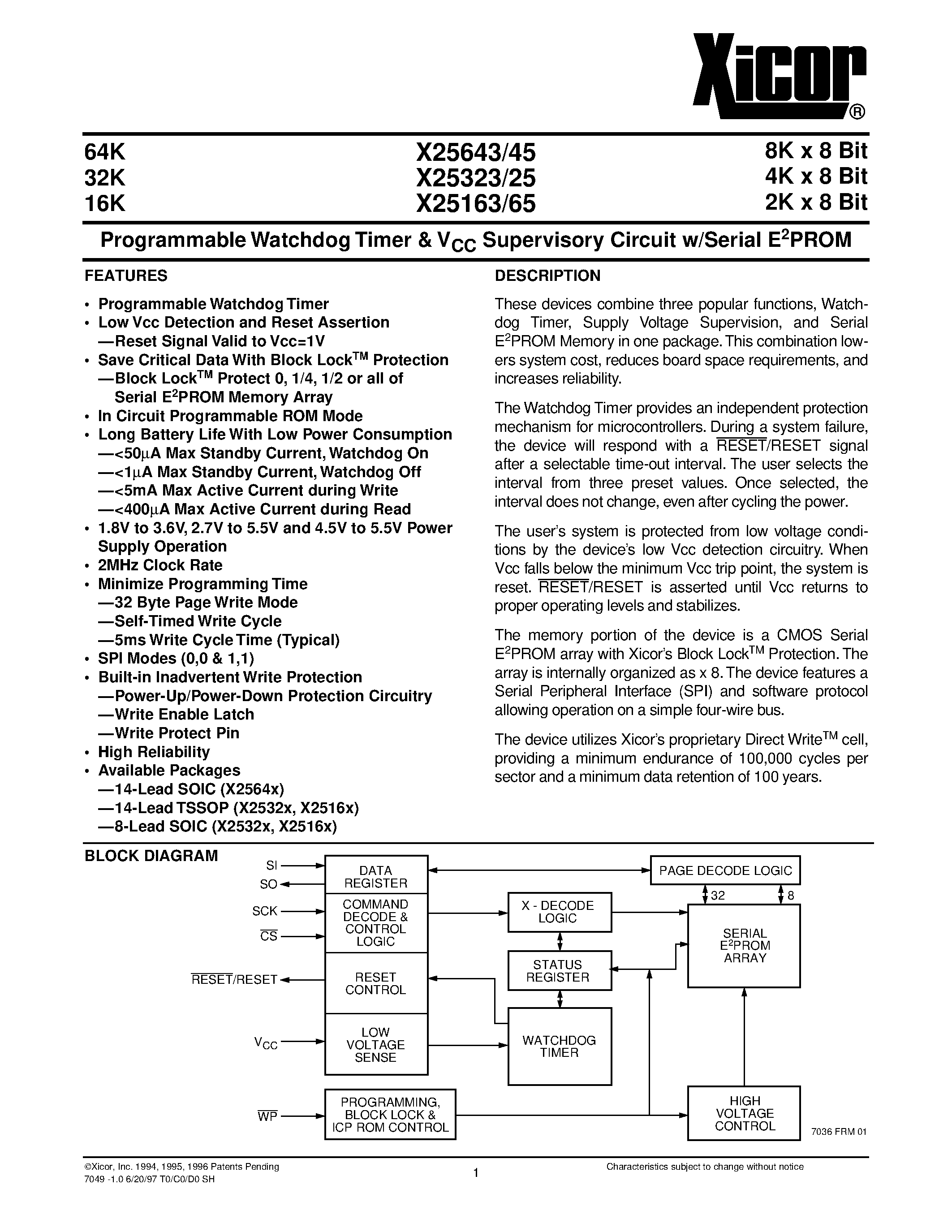 Datasheet X25163S14I-2.7 - Programmable Watchdog Timer & V CC Supervisory Circuit w/Serial E 2 PROM page 1