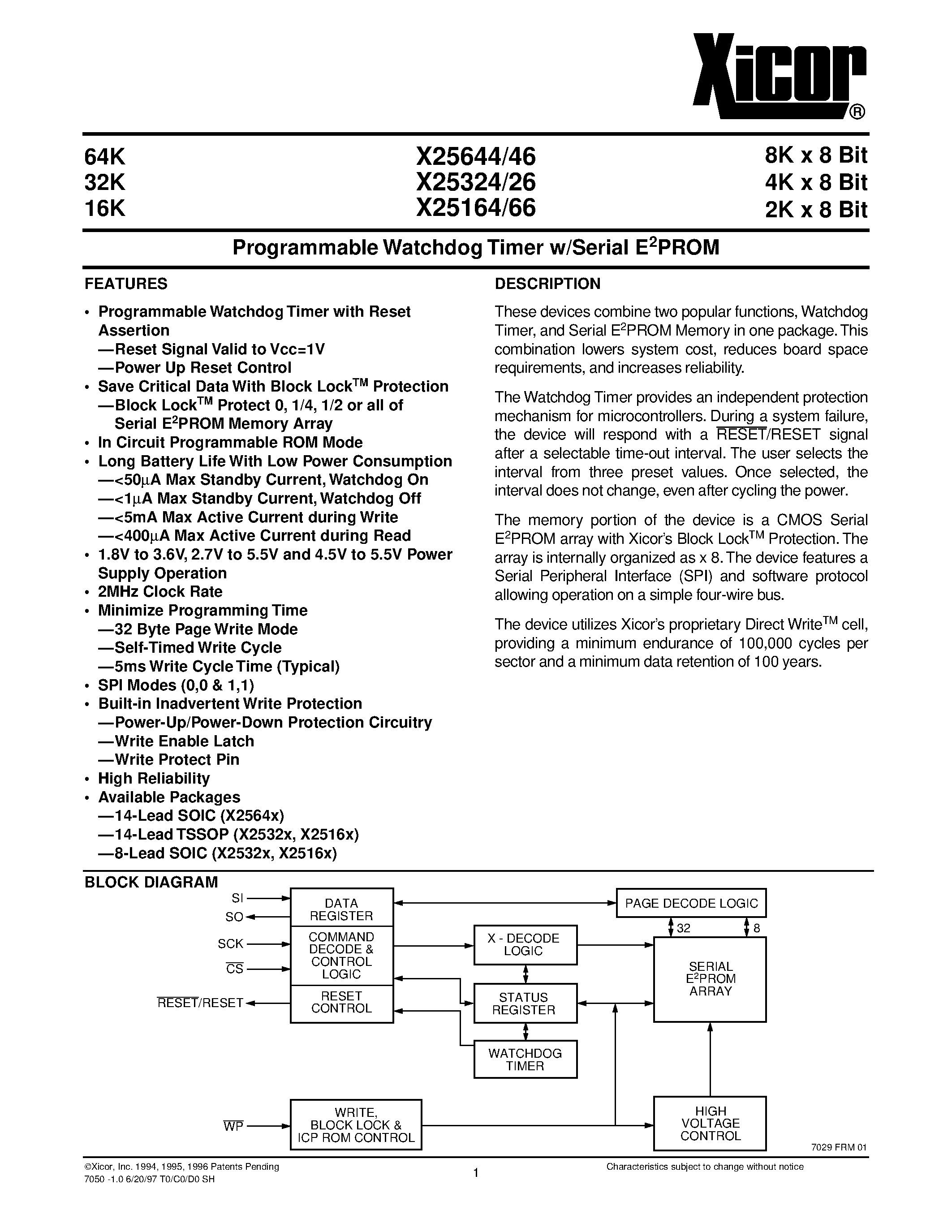 Datasheet X25164S14-2.7 - Programmable Watchdog Timer w/Serial E 2 PROM page 1