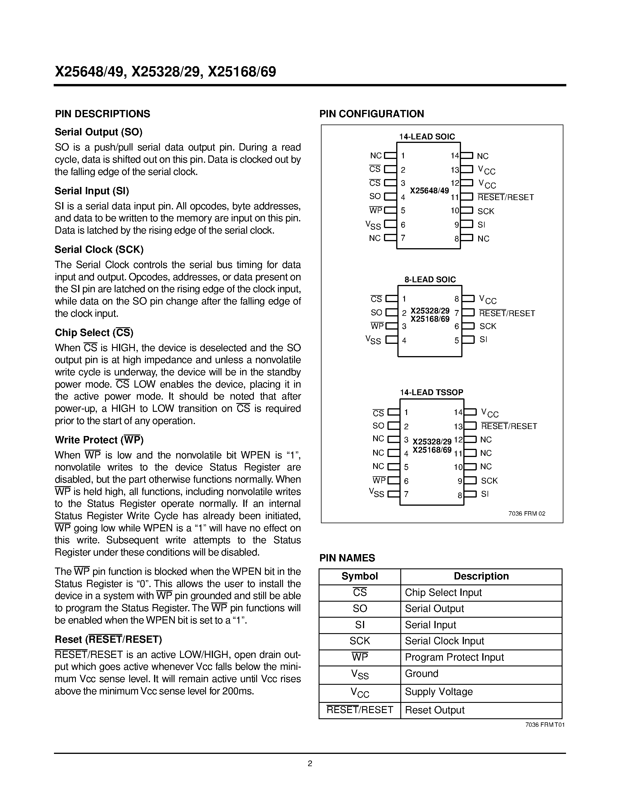 Datasheet X25168 - V CC Supervisory Circuit w/Serial E 2 PROM page 2