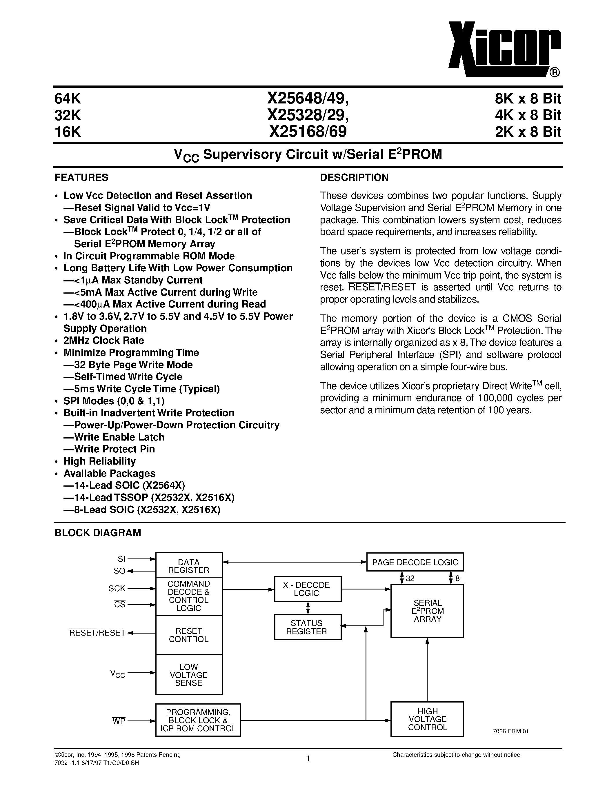 Даташит X25169S8 - V CC Supervisory Circuit w/Serial E 2 PROM страница 1